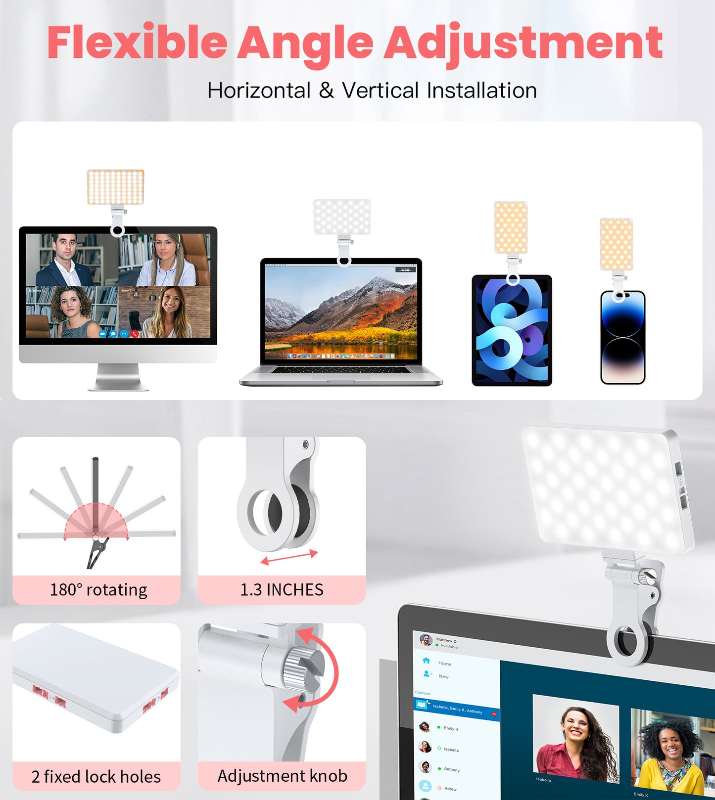 TONEOF Phone Selfie Light Rechargeable, 3 Modes Adjustable 80 Led Light for iphone/Tablet/Computer