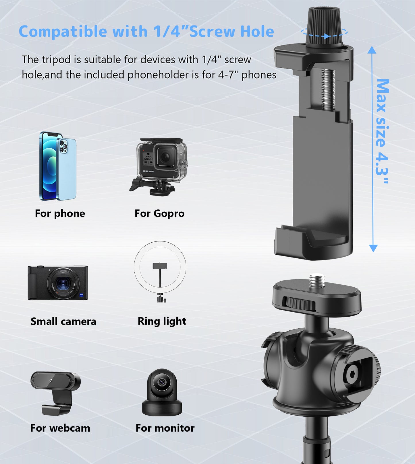 TONEOF Phone Camera Tripod with 1/4” Screw,60" Phone Tripod Stand with Magnetic Remote,Portable Tripod Holder for iPhone/Small Camera/DSLR/Android Phone