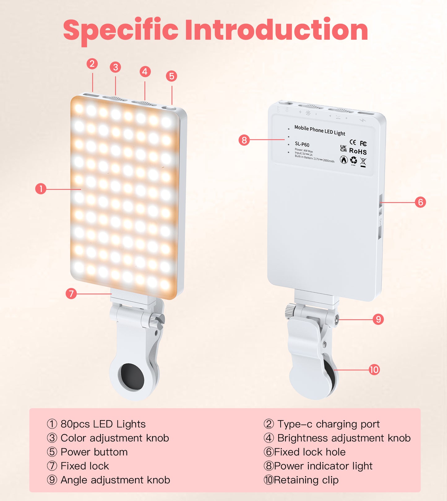TONEOF Phone Selfie Light Rechargeable, 3 Modes Adjustable 80 Led Light for iphone/Tablet/Computer