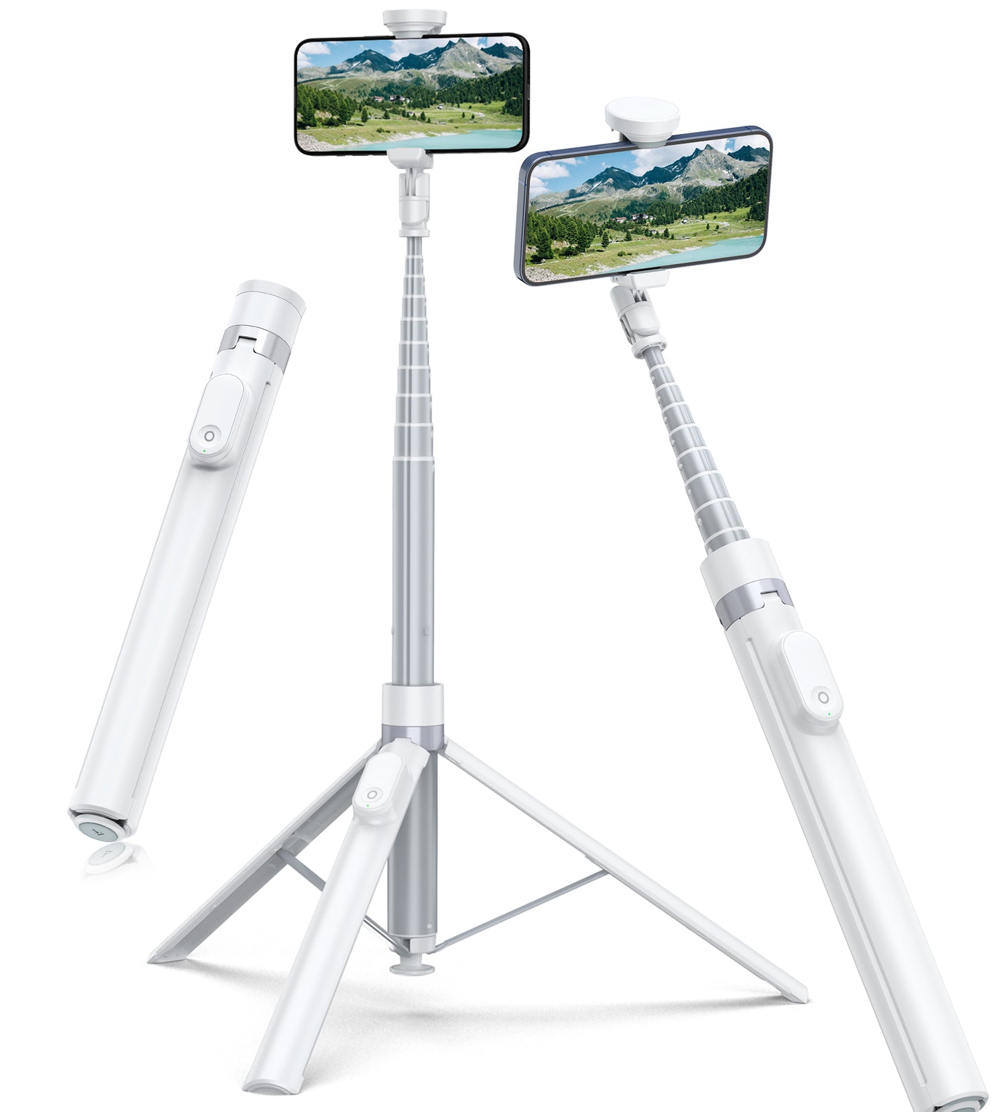 TONEOF 66" Phone Selfie Stick Tripod Stand Automatic Open with Magnetic Remote, Travel Tripod 360°Rotatable for iPhone/Android(White)