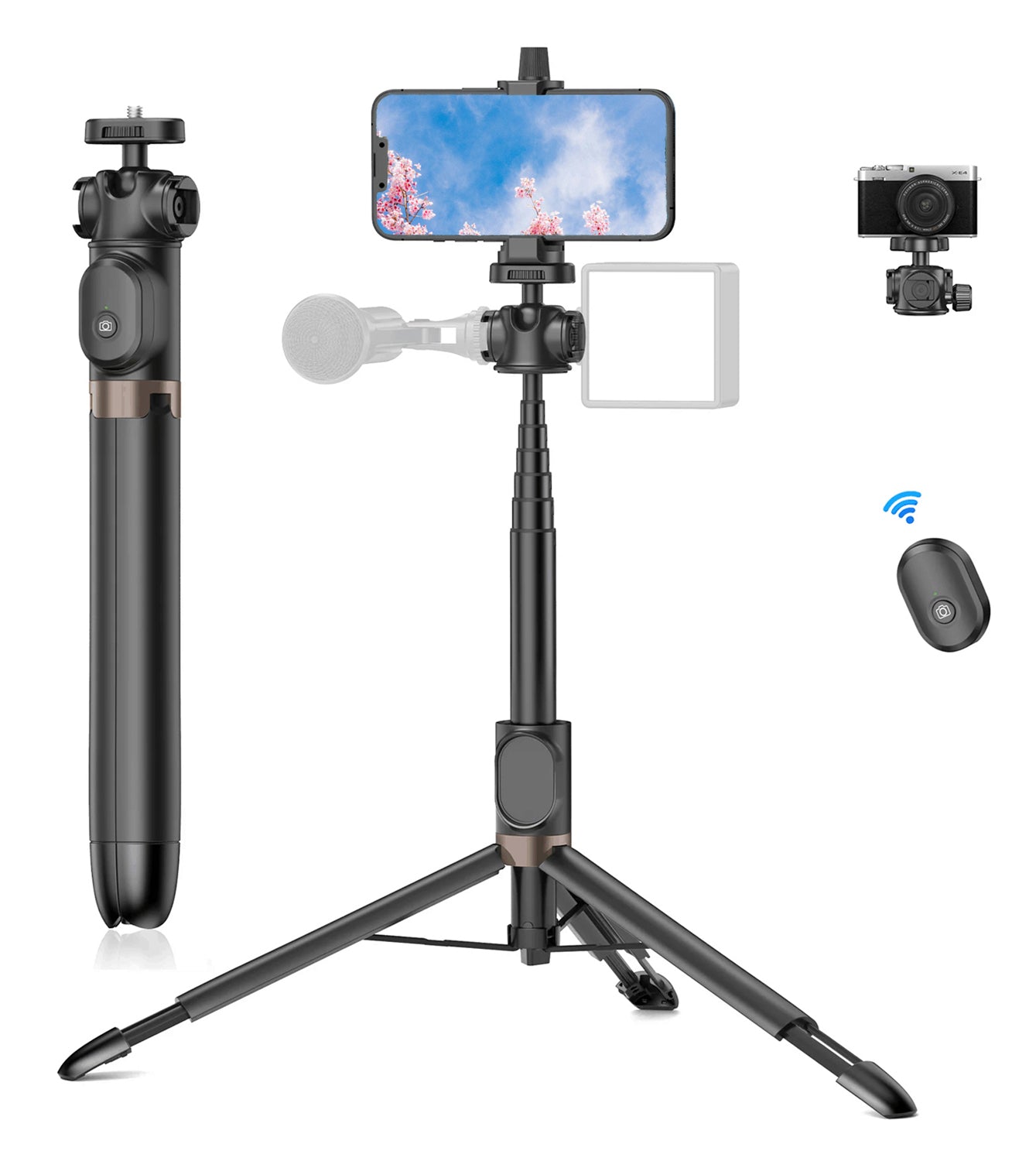 TONEOF Phone Camera Tripod with 1/4” Screw,60" Phone Tripod Stand with Magnetic Remote,Portable Tripod Holder for iPhone/Small Camera/DSLR/Android Phone