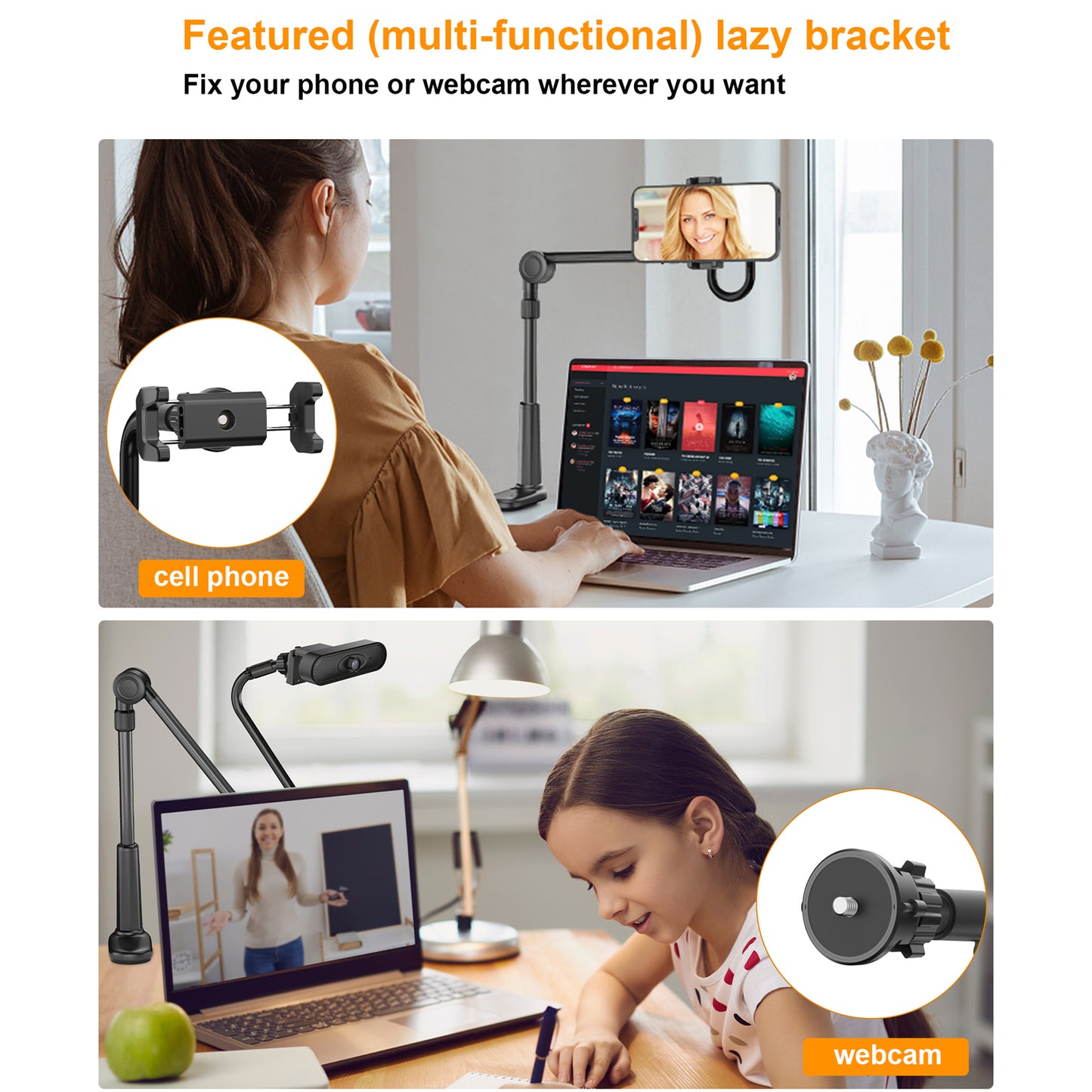 Phone Holder for Bed, Webcam Stand with 1/4 Screw, Gooseneck Cell phone stand for desk, Universal 360° Stable Flexible Lazy Bracket Mount for Bedside headboard, Compatible with iPhone, Android, Switch