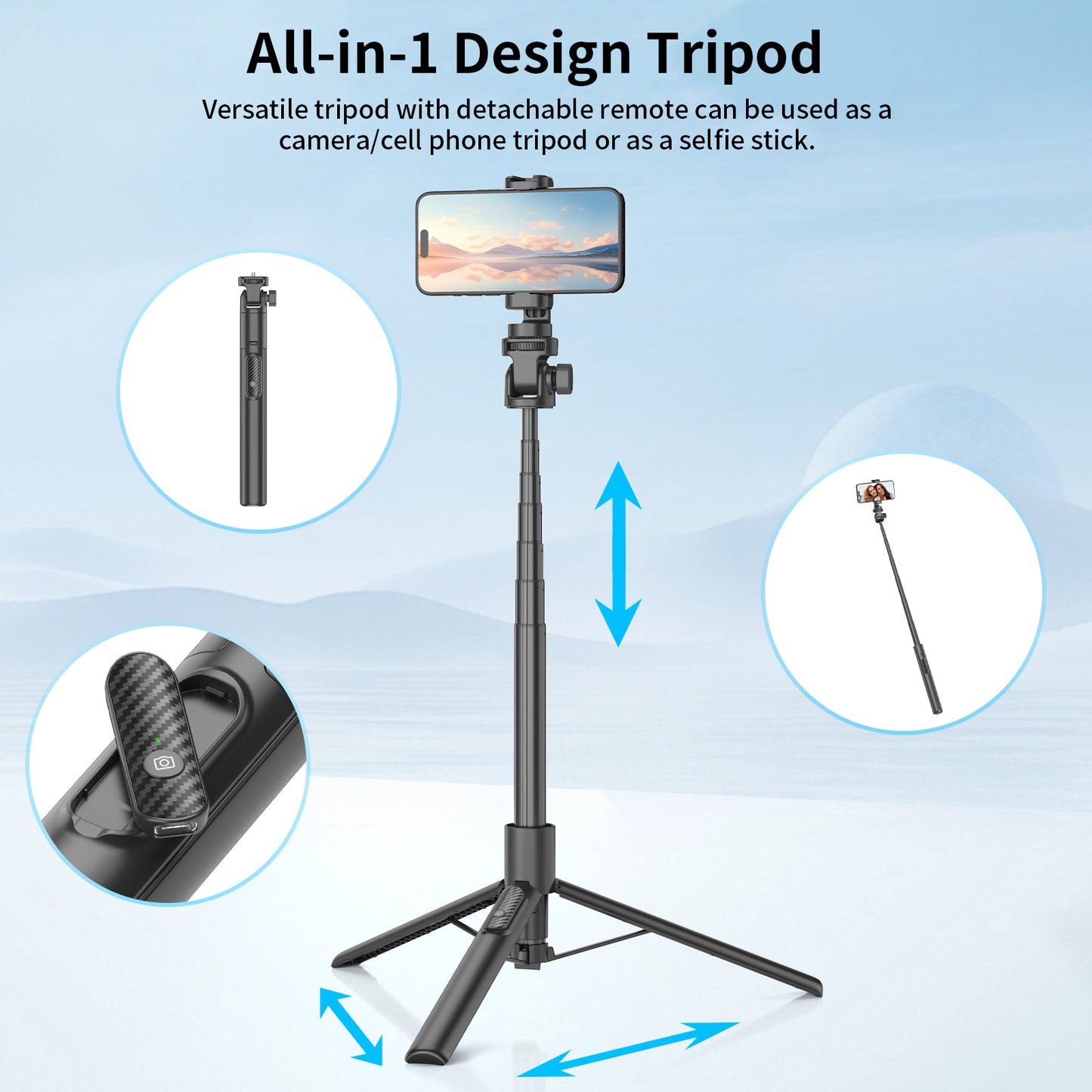 Cell Phone Selfie Stick Tripod Stand All-in-1 with Integrated Wireless Remote,Portable,Lightweight,Extendable Phone Tripod for 4''-7'' iPhone and Camera