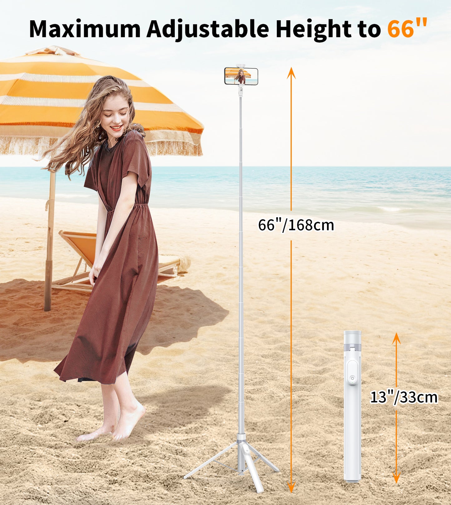 TONEOF 66" Phone Selfie Stick Tripod Stand Automatic Open with Magnetic Remote, Travel Tripod 360°Rotatable for iPhone/Android(White)