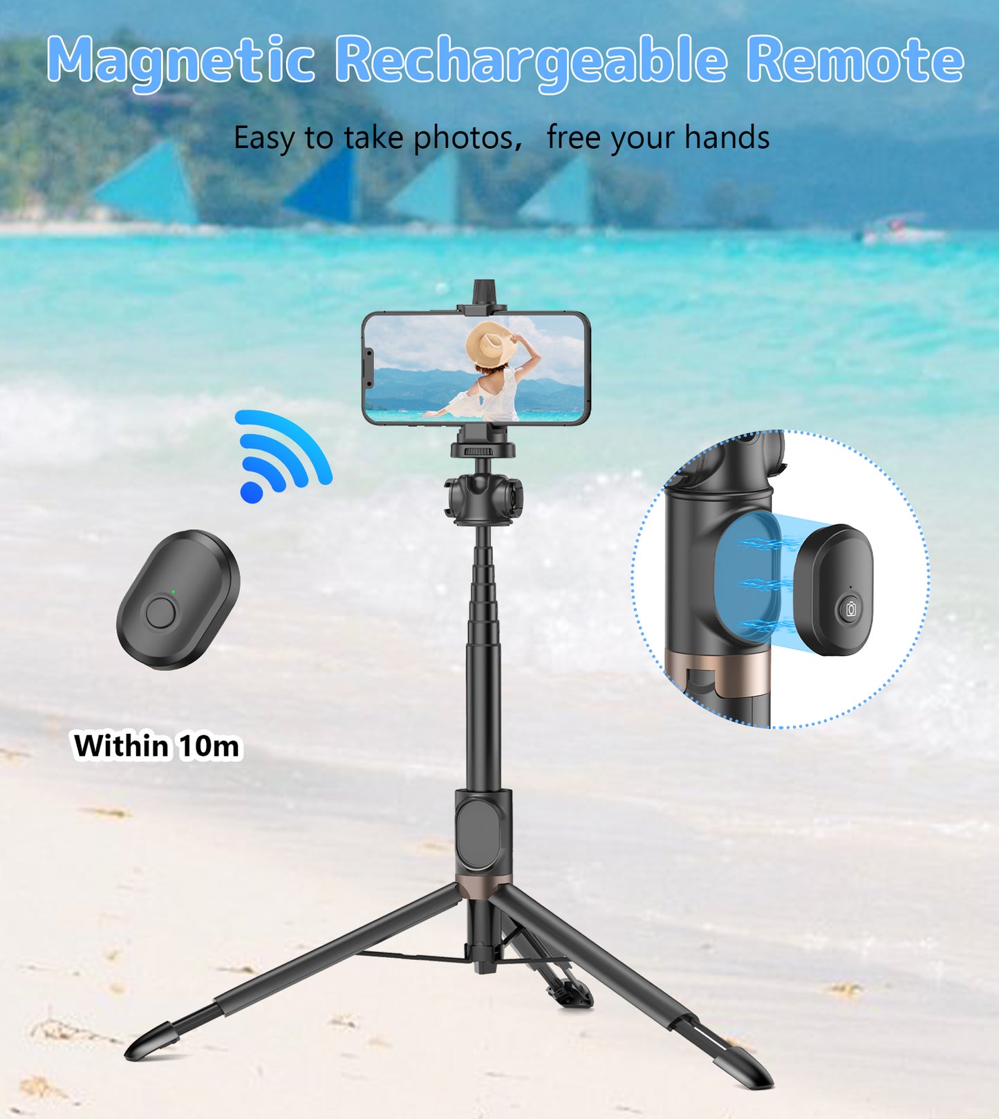 TONEOF Phone Camera Tripod with 1/4” Screw,60" Phone Tripod Stand with Magnetic Remote,Portable Tripod Holder for iPhone/Small Camera/DSLR/Android Phone