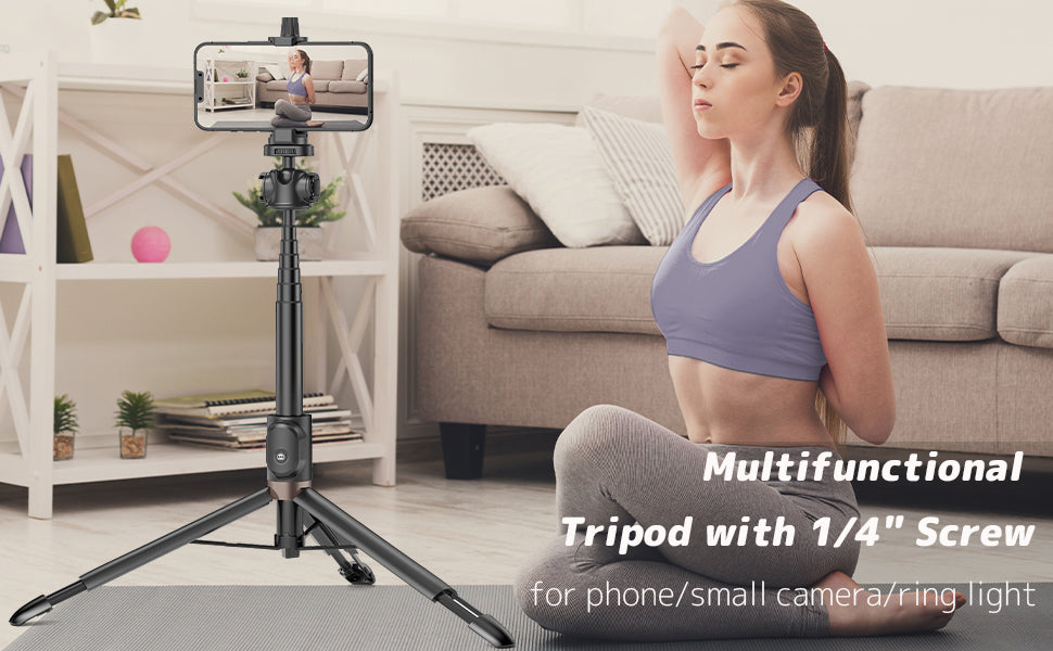 TONEOF Phone Camera Tripod with 1/4” Screw,60" Phone Tripod Stand with Magnetic Remote,Portable Tripod Holder for iPhone/Small Camera/DSLR/Android Phone
