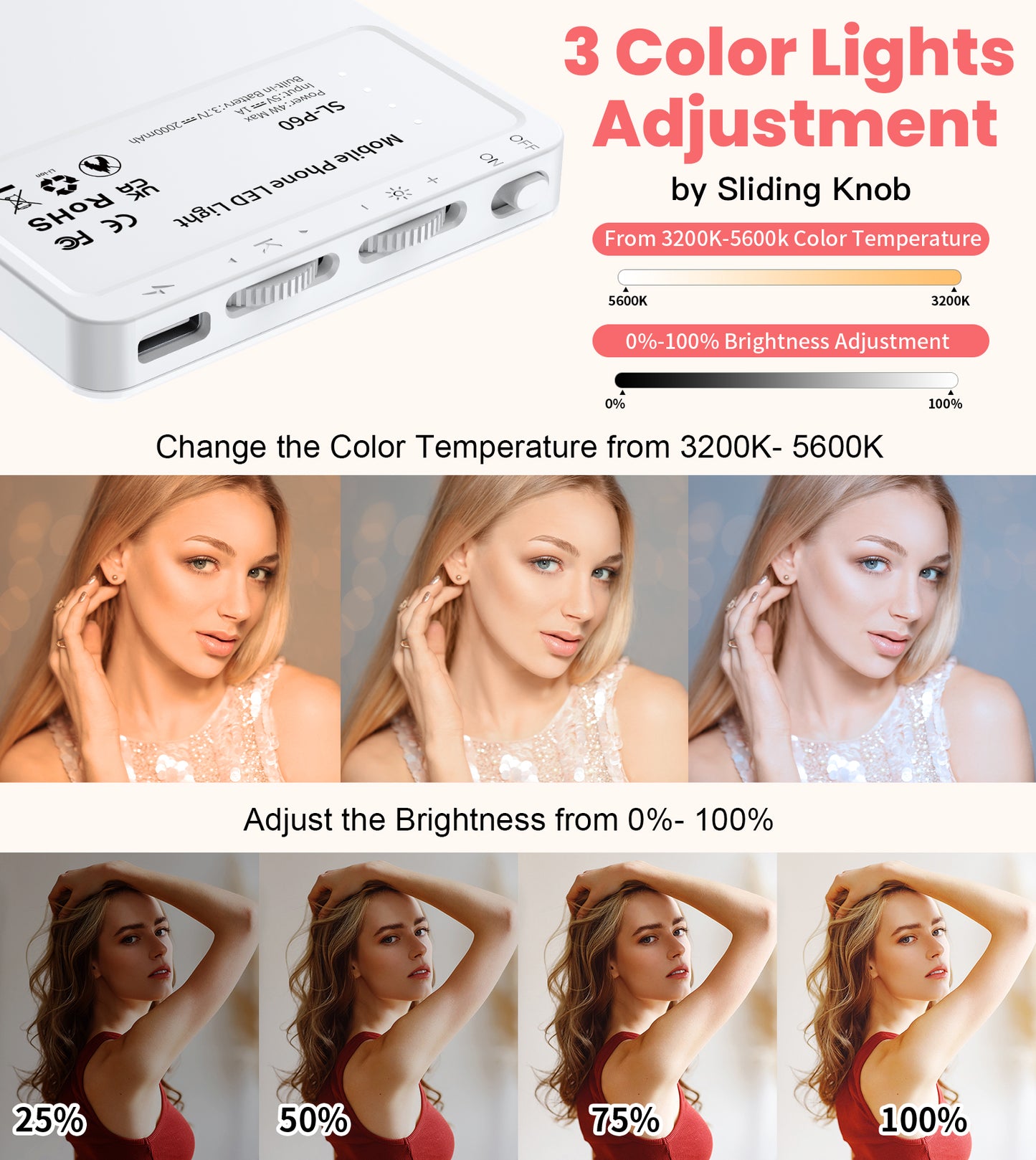 TONEOF Phone Selfie Light Rechargeable, 3 Modes Adjustable 80 Led Light for iphone/Tablet/Computer