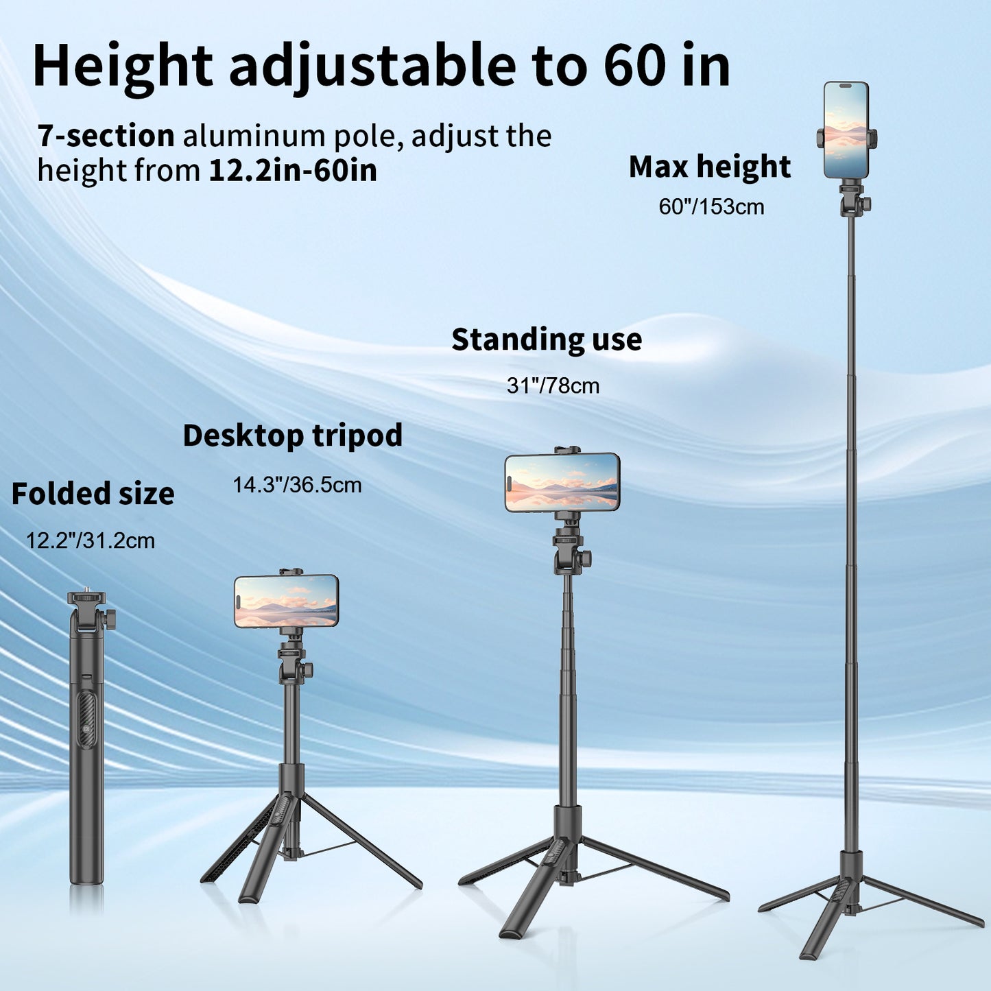 Cell Phone Selfie Stick Tripod Stand All-in-1 with Integrated Wireless Remote,Portable,Lightweight,Extendable Phone Tripod for 4''-7'' iPhone and Camera