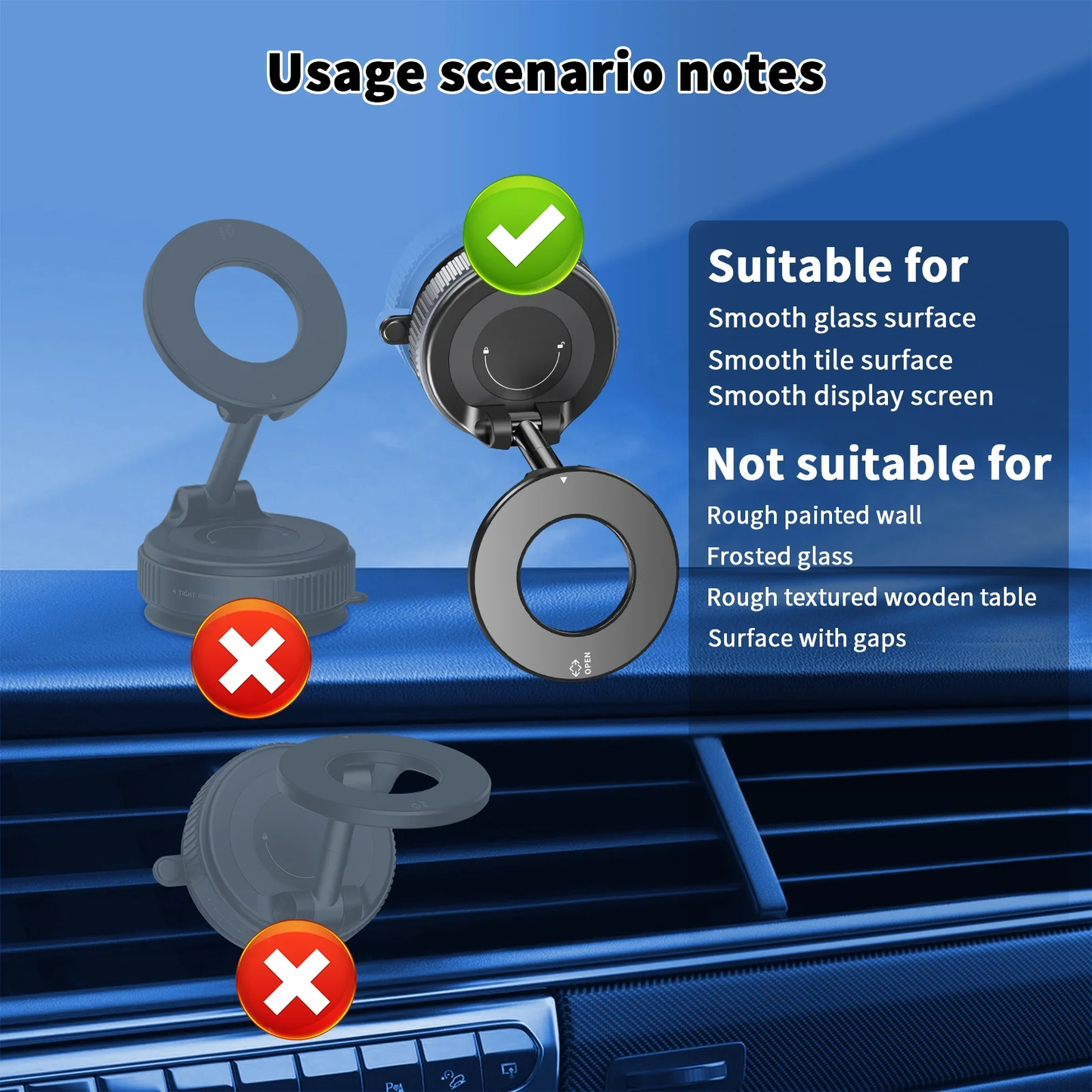 TONEOF Magnetic Cell Phone Mount, Vacuum Adsorption Car Holder for iPhone12-16 and Android, for Car Window, Car Screen and Treadmill, Mirror, Smooth Surface