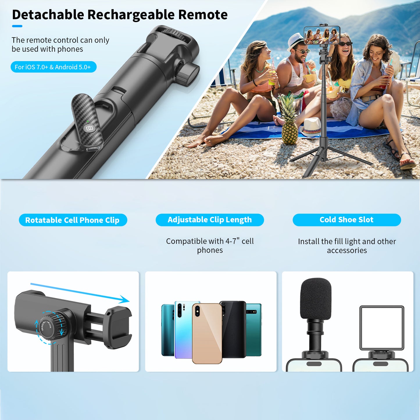 Cell Phone Selfie Stick Tripod Stand All-in-1 with Integrated Wireless Remote,Portable,Lightweight,Extendable Phone Tripod for 4''-7'' iPhone and Camera