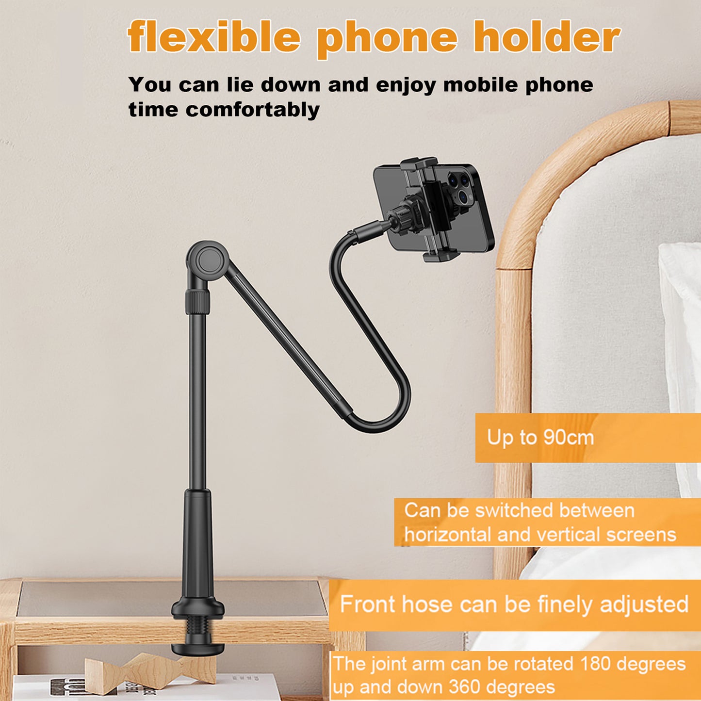 Phone Holder for Bed, Webcam Stand with 1/4 Screw, Gooseneck Cell phone stand for desk, Universal 360° Stable Flexible Lazy Bracket Mount for Bedside headboard, Compatible with iPhone, Android, Switch