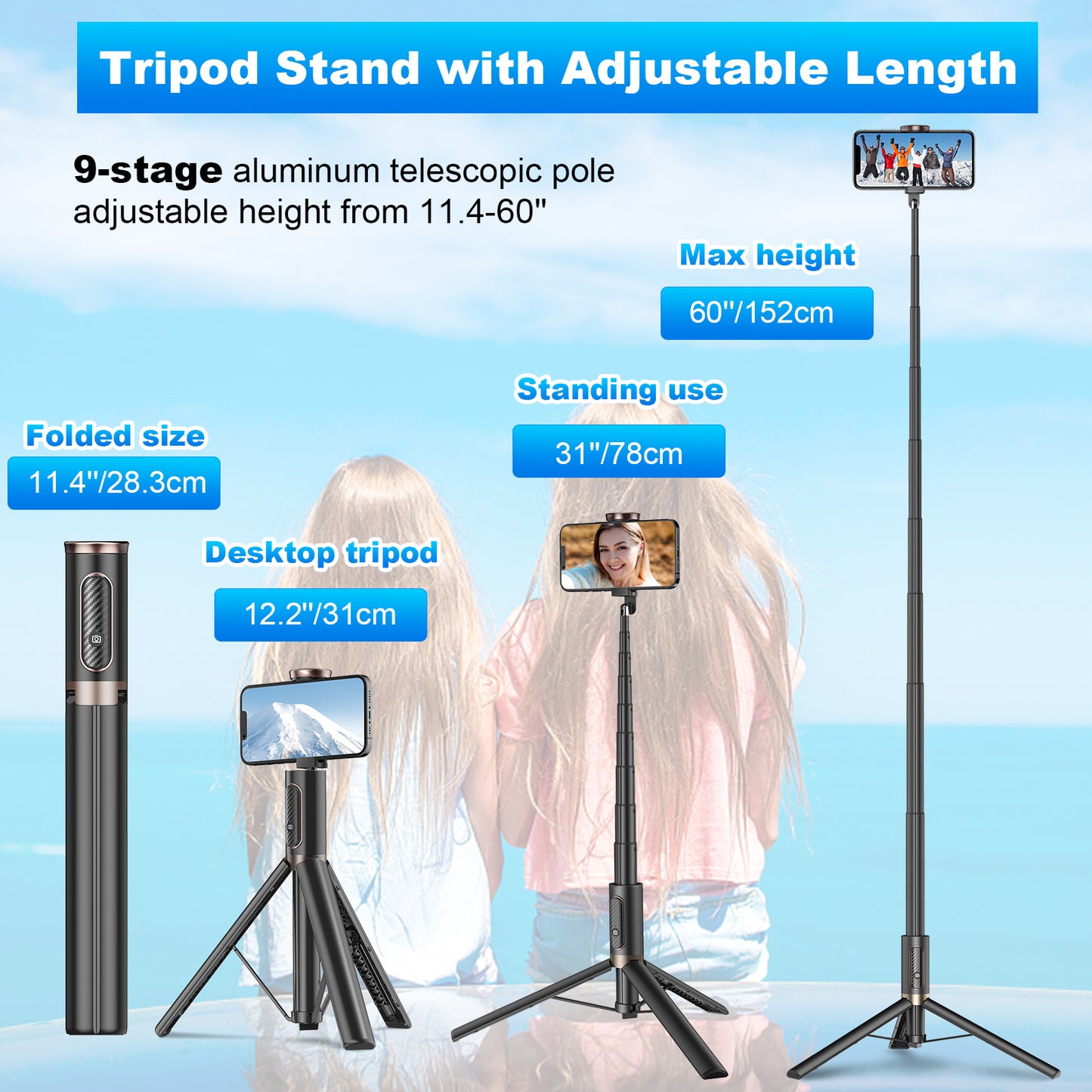 Multifunctional mobile phone holder selfie stick (Black)