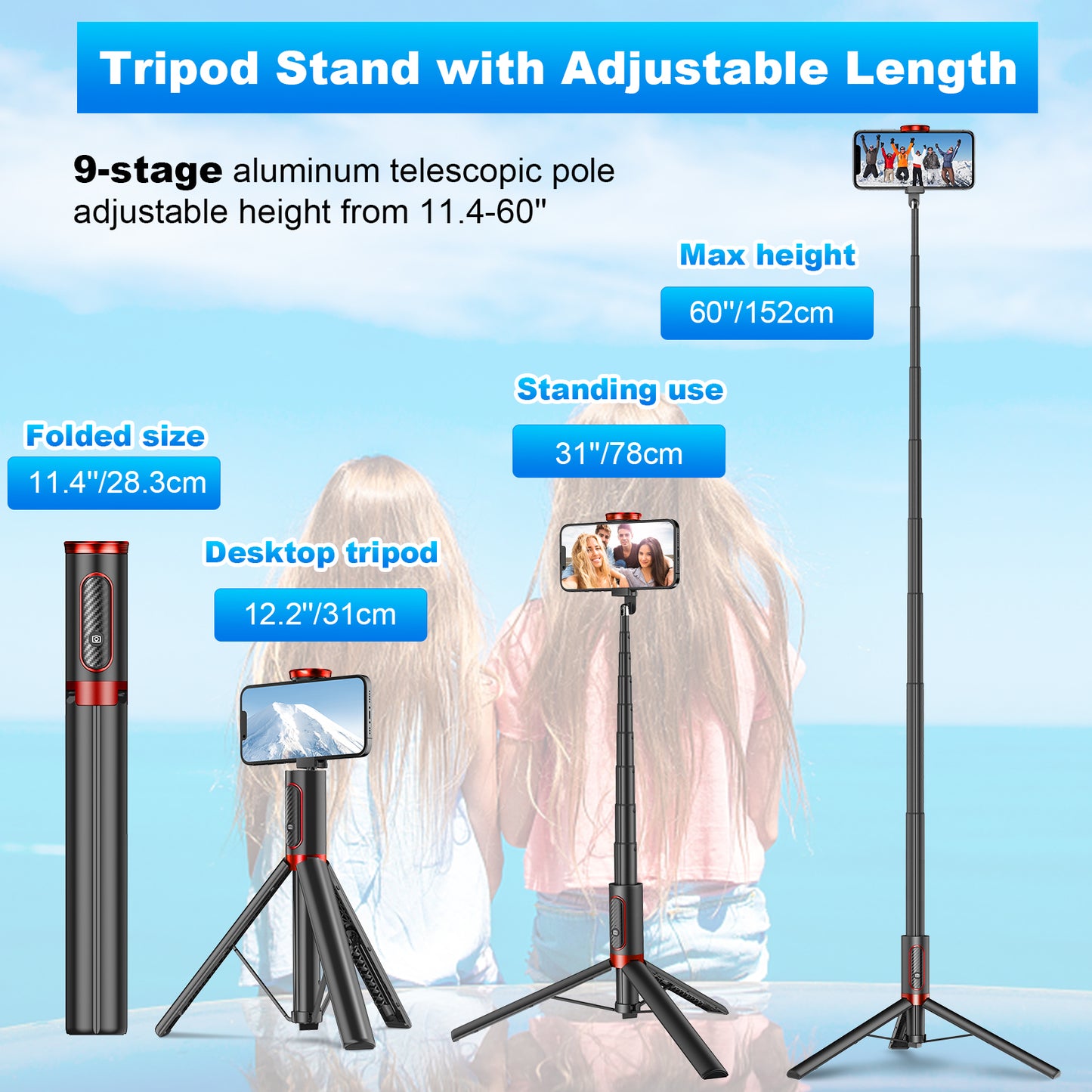 Multifunctional mobile phone holder selfie stick (Red)