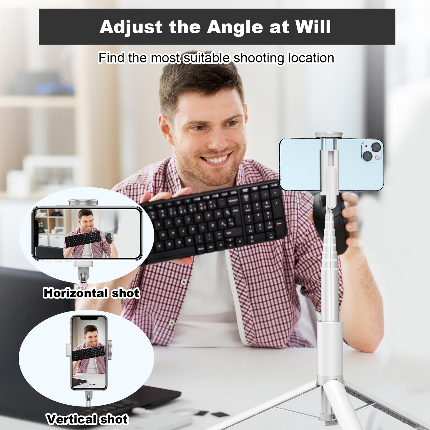 TONEOF 60 In Tripod, Cell Phone Selfie Stick, All-in-1 Stand with Integrated Wireless Remote, Lightweight and Portable, Extendable Tripod for 4-7 Inch iPhone and Android(White)