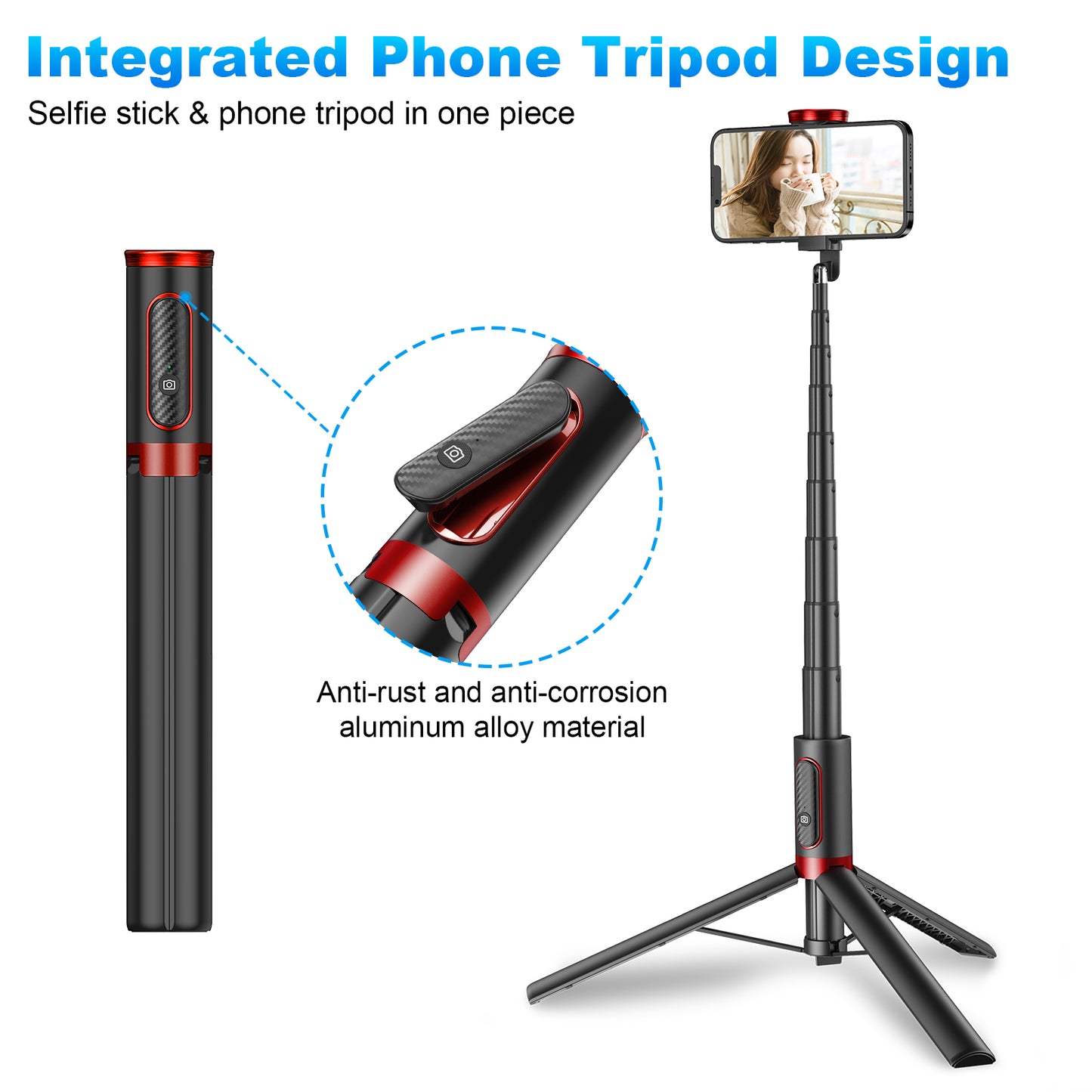 Multifunctional mobile phone holder selfie stick (Red)