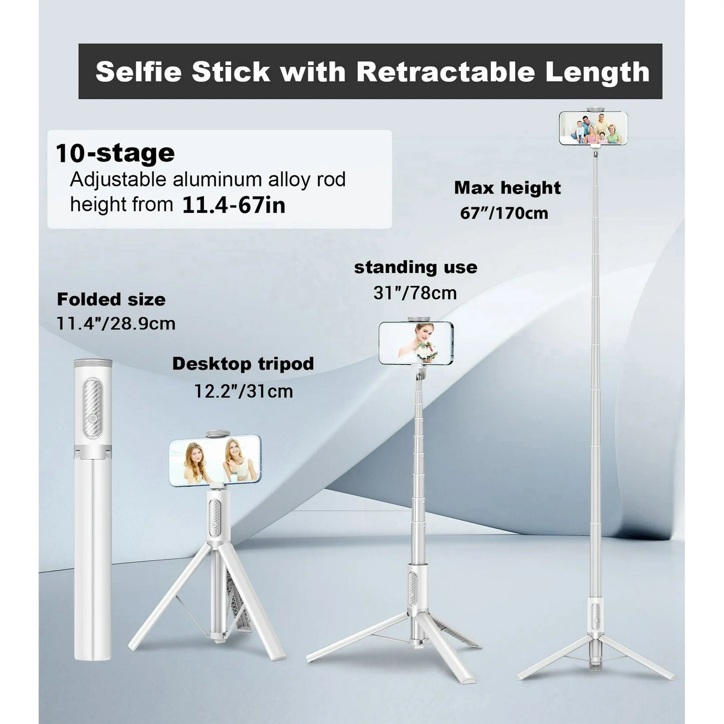 TONEOF 67in White Phone Tripod Selfie Stick with Remote control Portable for 4''-7” iPhone and Android Phones