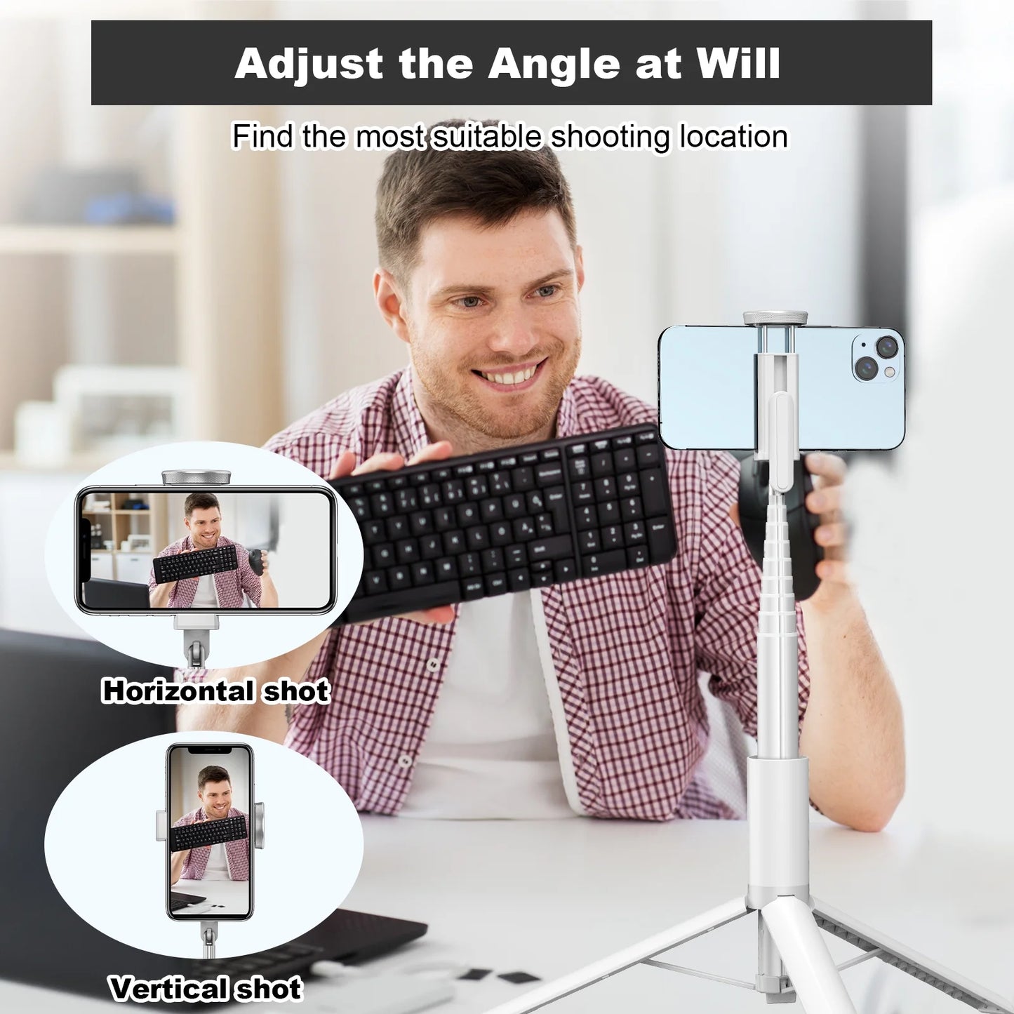 TONEOF 67in White Phone Tripod Selfie Stick with Remote control Portable for 4''-7” iPhone and Android Phones