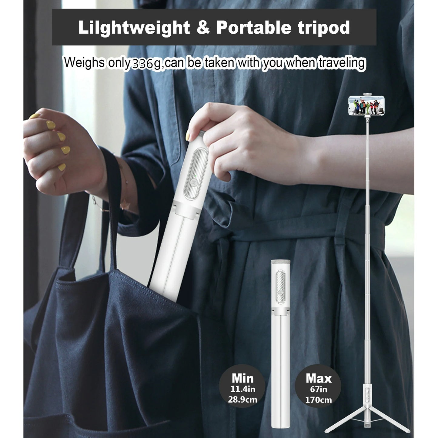 TONEOF 67in White Phone Tripod Selfie Stick with Remote control Portable for 4''-7” iPhone and Android Phones