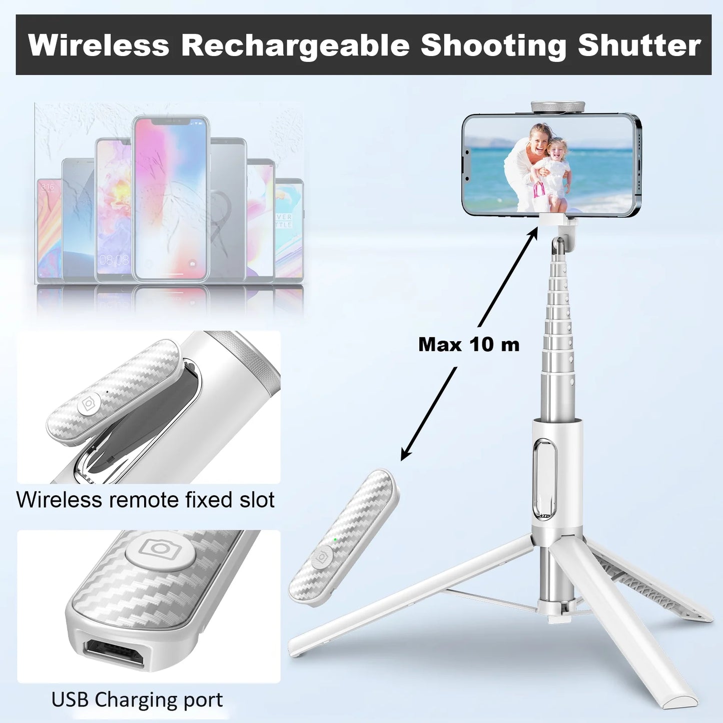 TONEOF 67in White Phone Tripod Selfie Stick with Remote control Portable for 4''-7” iPhone and Android Phones