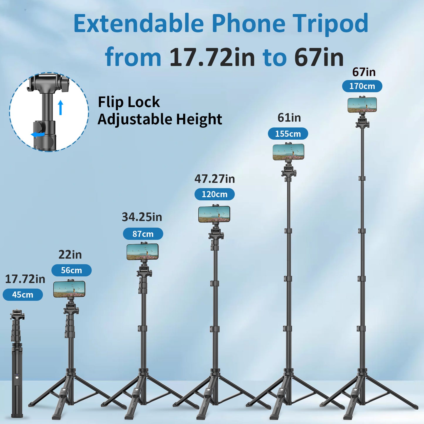 TONEOF 67" Phone Tripod, Camera Tripod Stand Monopod with Remote & Phone Holder, Portable Travel Tripod with iPhone/Android/Webcamera
