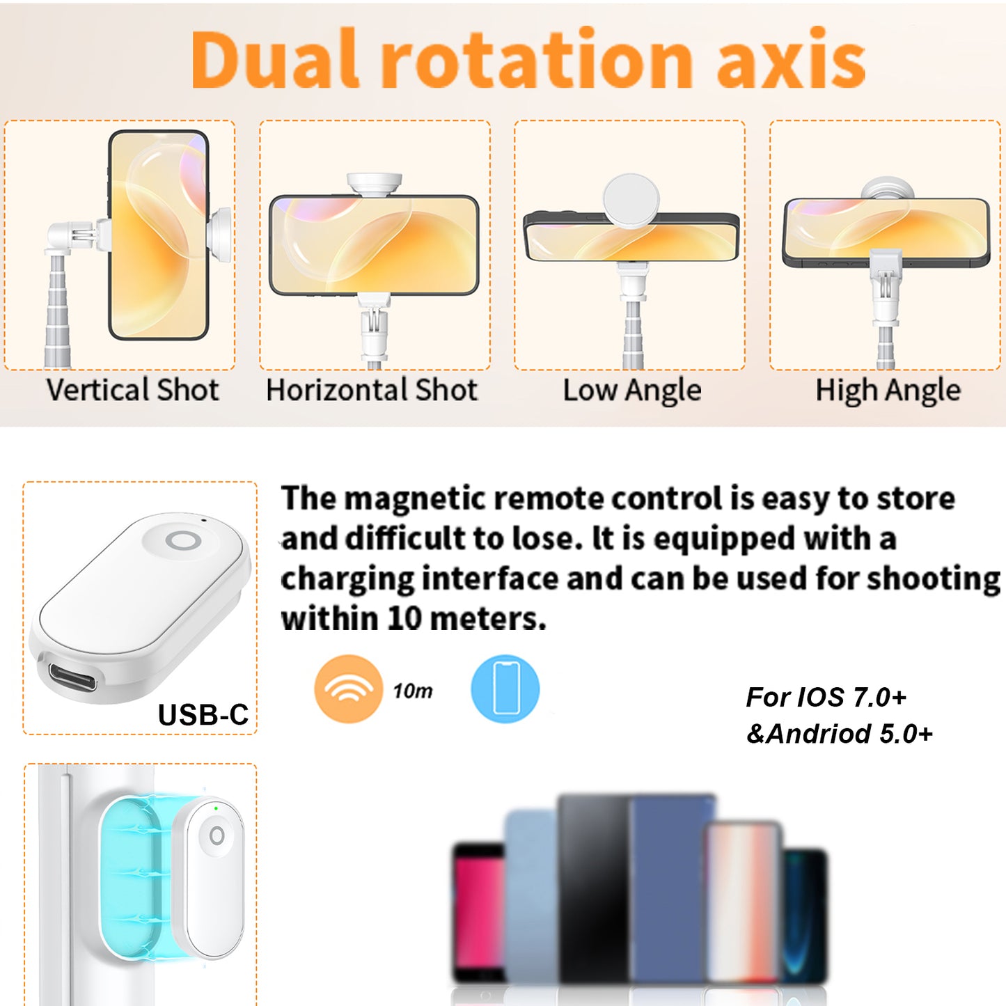 TONEOF 70" Automatic Tripod,Auto-Open Phone Tripod Stand with Magnetic Rechargable Remote,Selfie Stick Tripod 360° Vertical & Horizontal Rotatable,Stable Travel Tripod for iPhone/Android(White)