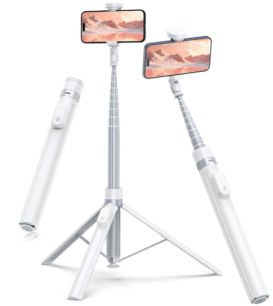 TONEOF 70" Automatic Tripod,Auto-Open Phone Tripod Stand with Magnetic Rechargable Remote,Selfie Stick Tripod 360° Vertical & Horizontal Rotatable,Stable Travel Tripod for iPhone/Android(White)