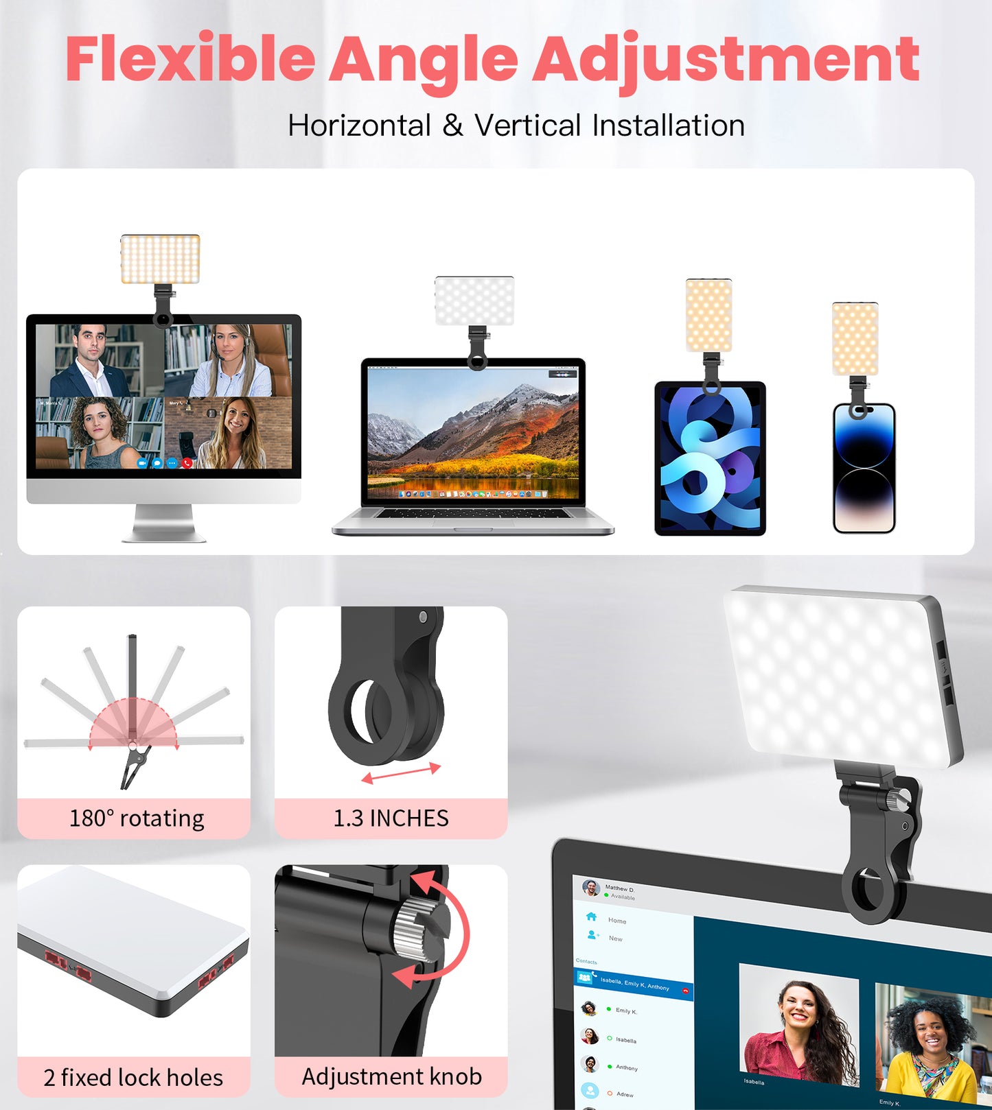 TONEOF Portable Selfie Light,Rechargable 60 LED Phone Light with Clip & Double 1/4" Screw Hole,2500k-9000K Dimmable Camera Light for iPhone,Android,Laptop,Tablet,Selfie/Video Conference