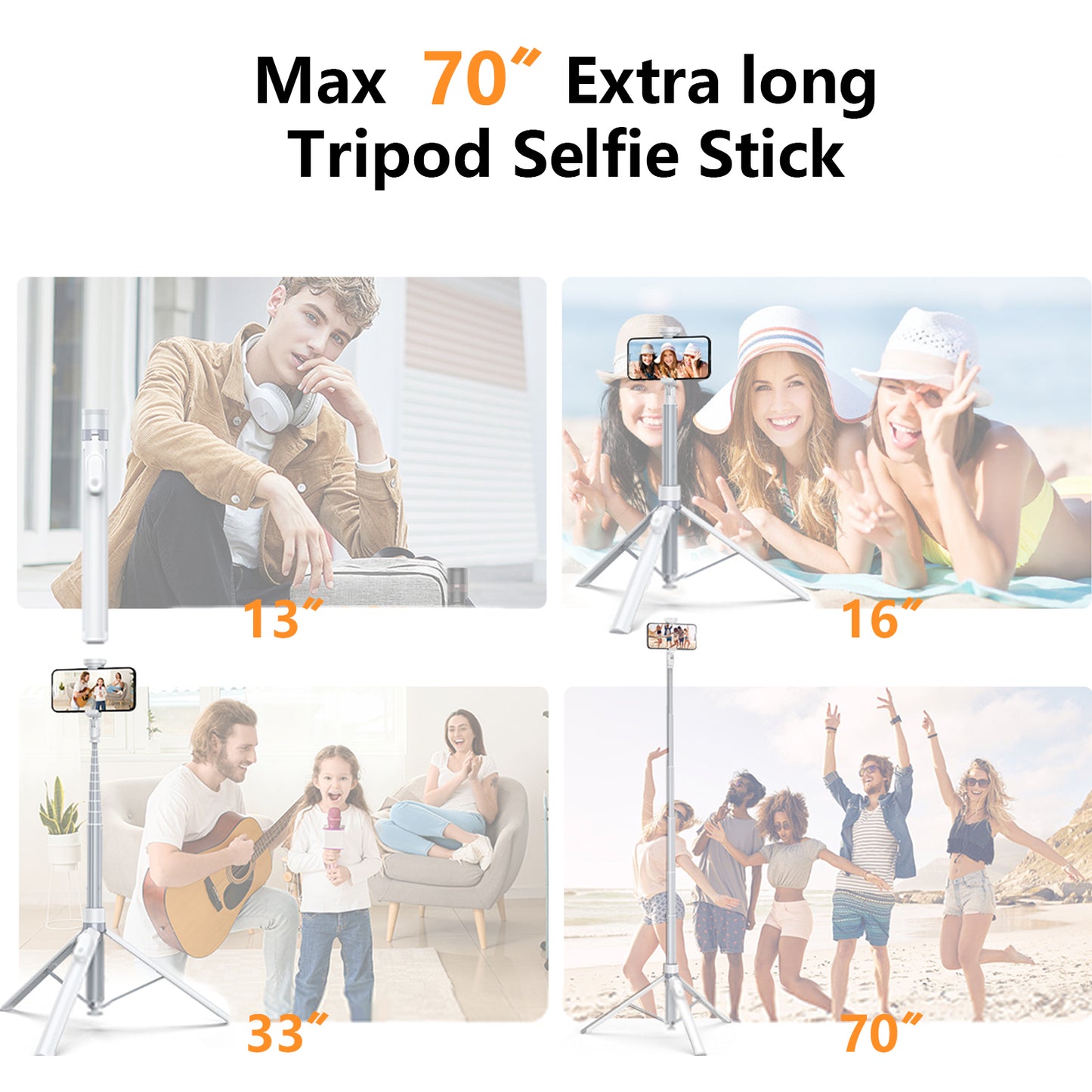 TONEOF 70" Automatic Tripod,Auto-Open Phone Tripod Stand with Magnetic Rechargable Remote,Selfie Stick Tripod 360° Vertical & Horizontal Rotatable,Stable Travel Tripod for iPhone/Android(White)