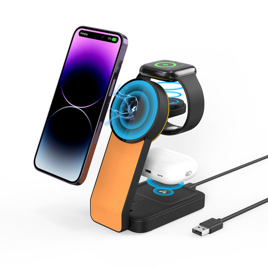 TONEOF Wireless Charger Magnetic 3 in 1 Fast Charging Station with Type-C, Compatible with iPhone 16/15/14/13/12/AirPods Series /Apple Watch（Black Orange）