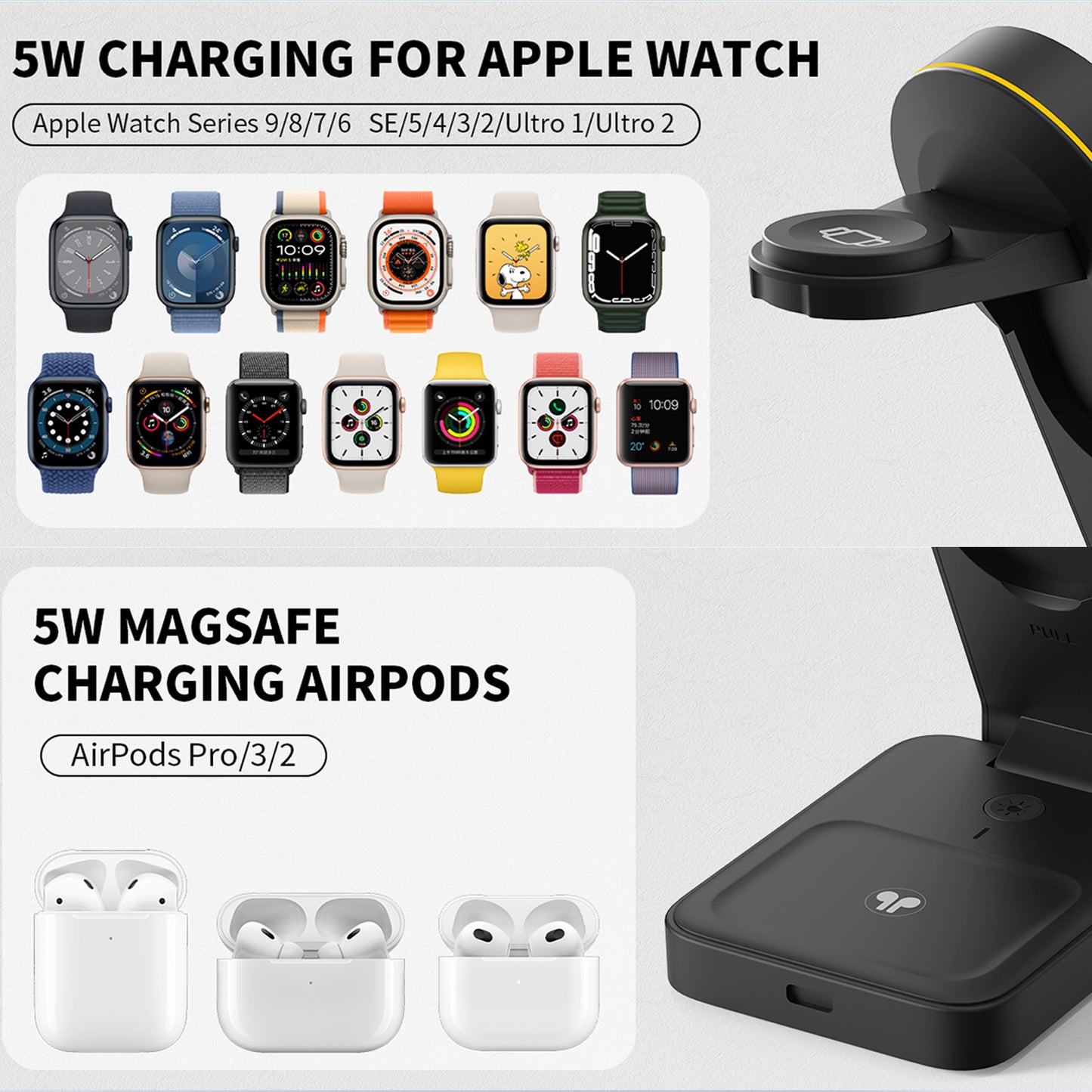 TONEOF Wireless Charger Magnetic 3 in 1 Fast Charging Station with Type-C, Compatible with iPhone 16/15/14/13/12/AirPods Series /Apple Watch（Black Orange）