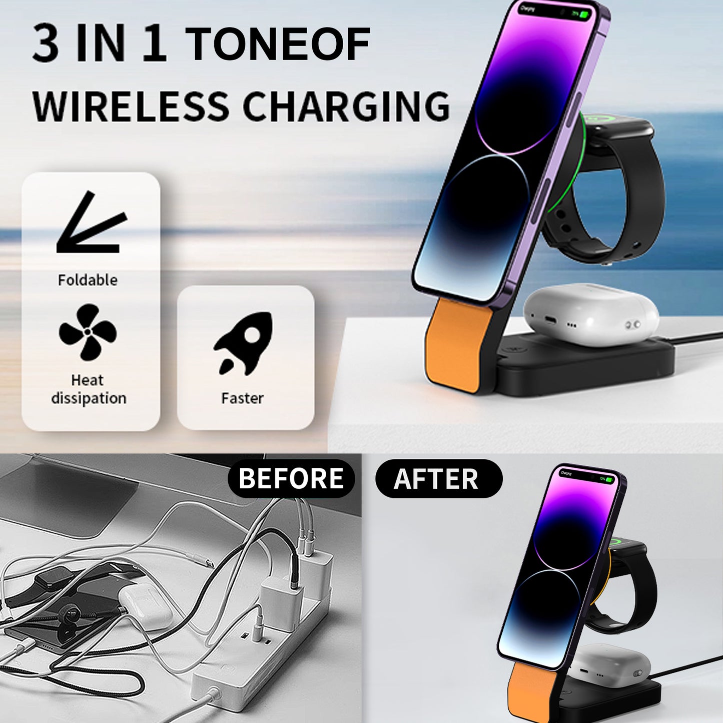 TONEOF Wireless Charger Magnetic 3 in 1 Fast Charging Station with Type-C, Compatible with iPhone 16/15/14/13/12/AirPods Series /Apple Watch（Black Orange）