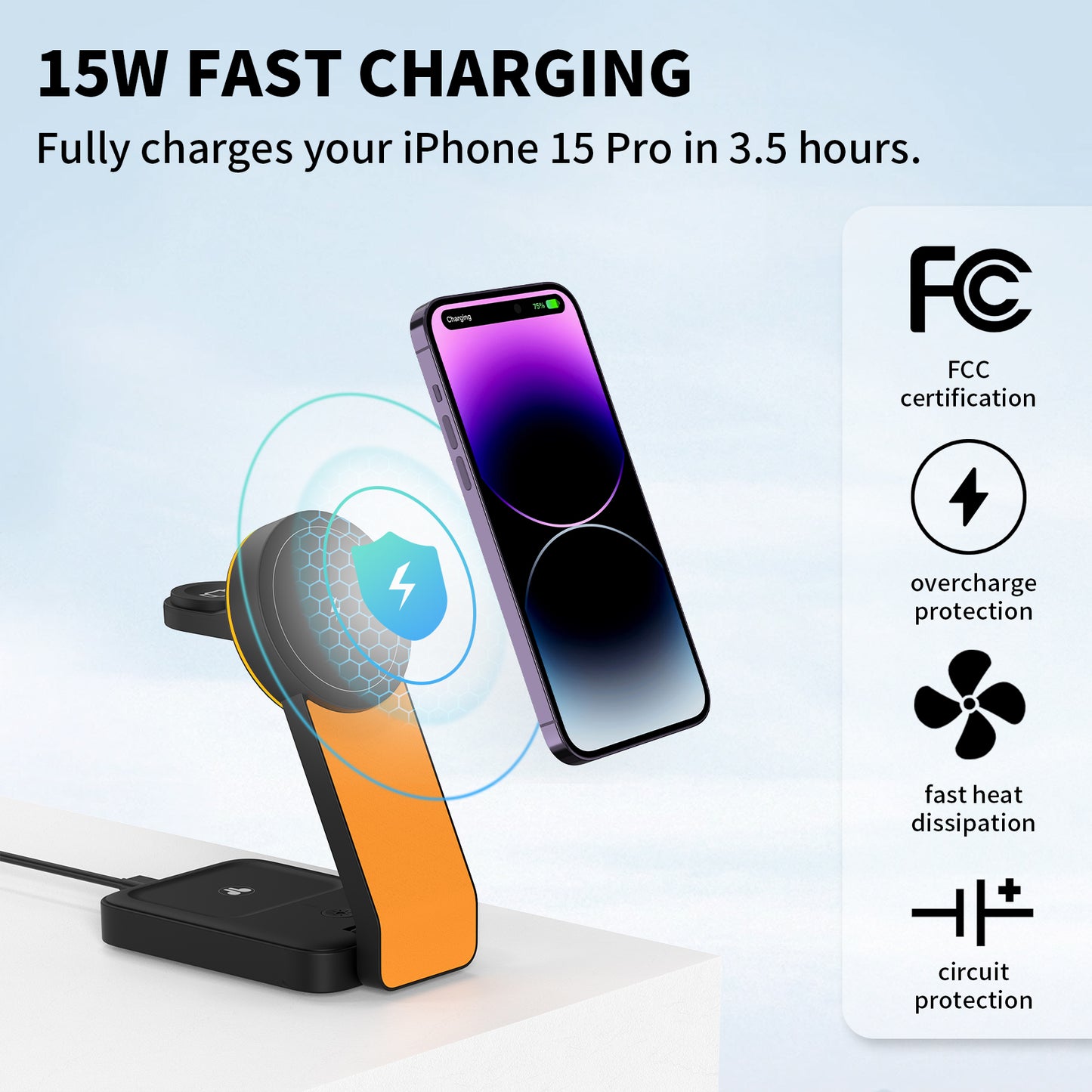 TONEOF Wireless Charger Magnetic 3 in 1 Fast Charging Station with Type-C, Compatible with iPhone 16/15/14/13/12/AirPods Series /Apple Watch（Black Orange）