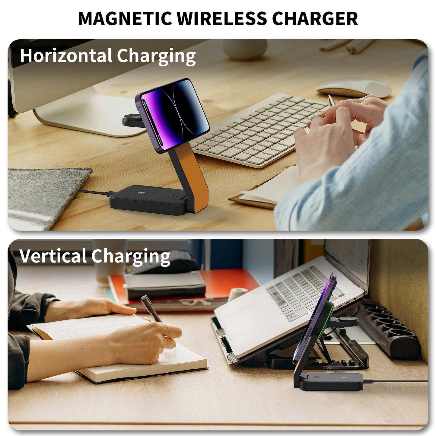 TONEOF Wireless Charger Magnetic 3 in 1 Fast Charging Station with Type-C, Compatible with iPhone 16/15/14/13/12/AirPods Series /Apple Watch（Black Orange）
