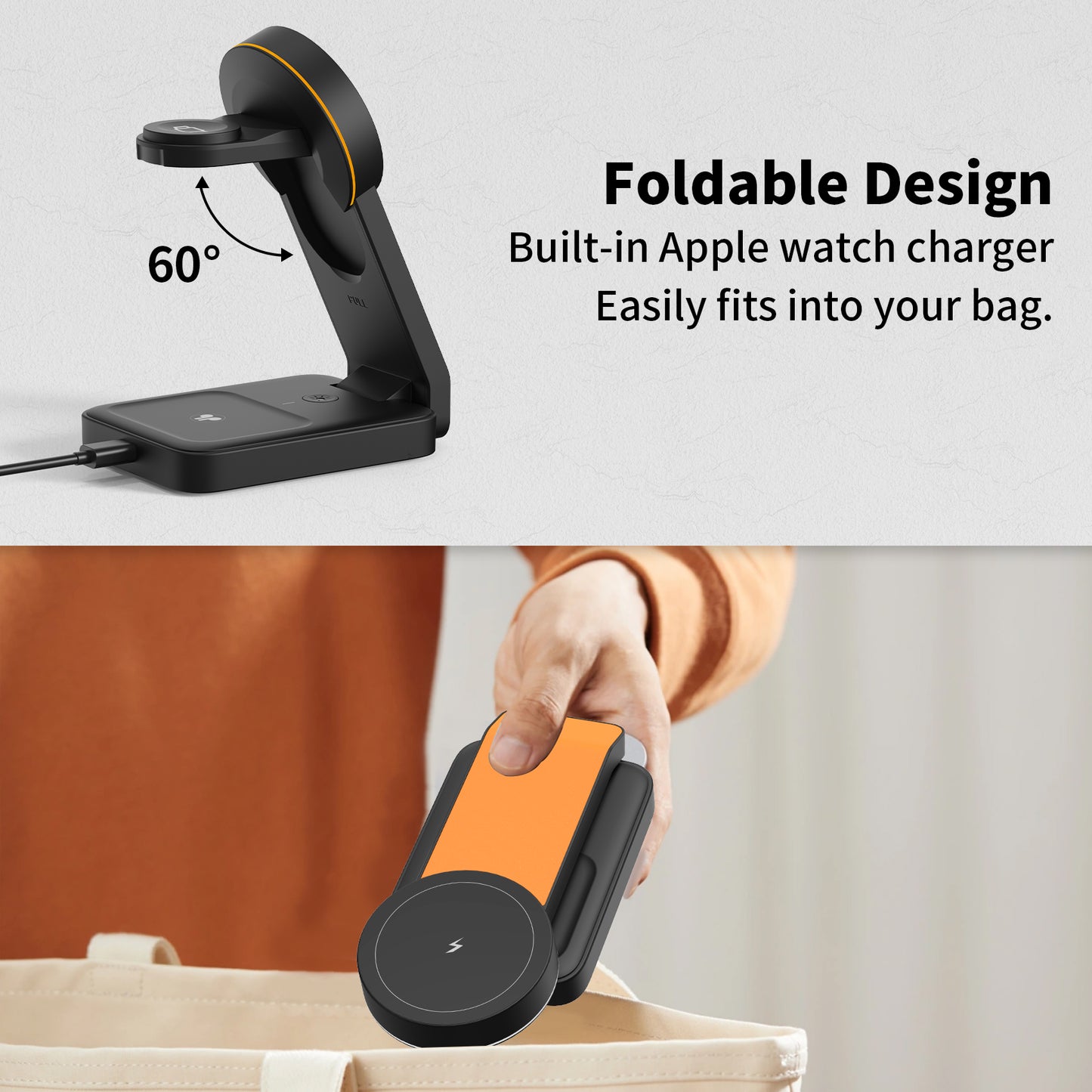 TONEOF Wireless Charger Magnetic 3 in 1 Fast Charging Station with Type-C, Compatible with iPhone 16/15/14/13/12/AirPods Series /Apple Watch（Black Orange）