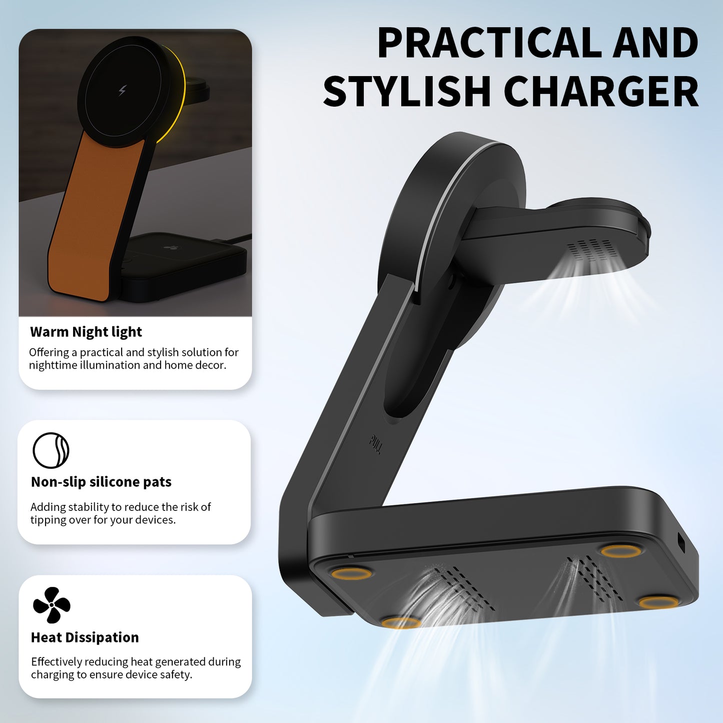 TONEOF Wireless Charger Magnetic 3 in 1 Fast Charging Station with Type-C, Compatible with iPhone 16/15/14/13/12/AirPods Series /Apple Watch（Black Orange）