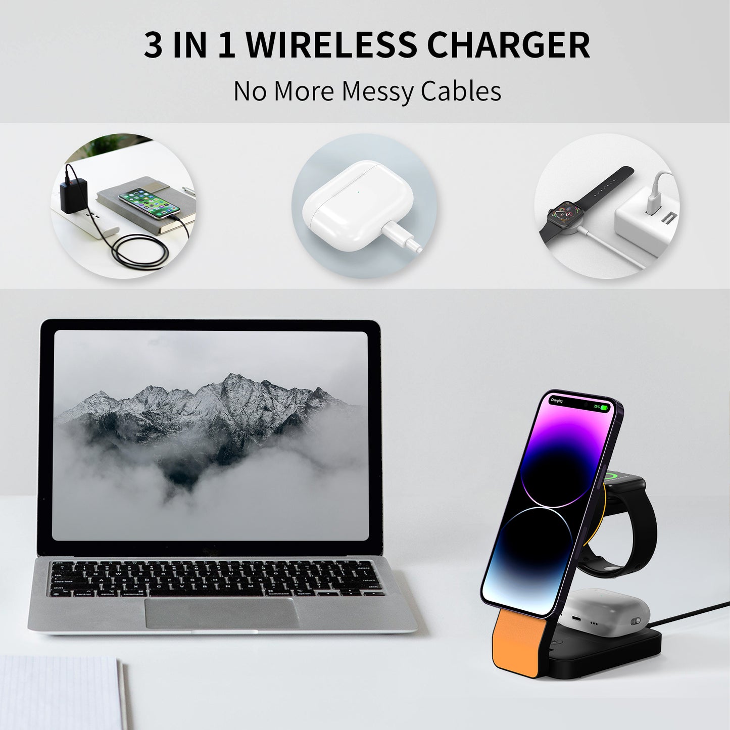 TONEOF Wireless Charger Magnetic 3 in 1 Fast Charging Station with Type-C, Compatible with iPhone 16/15/14/13/12/AirPods Series /Apple Watch（Black Orange）