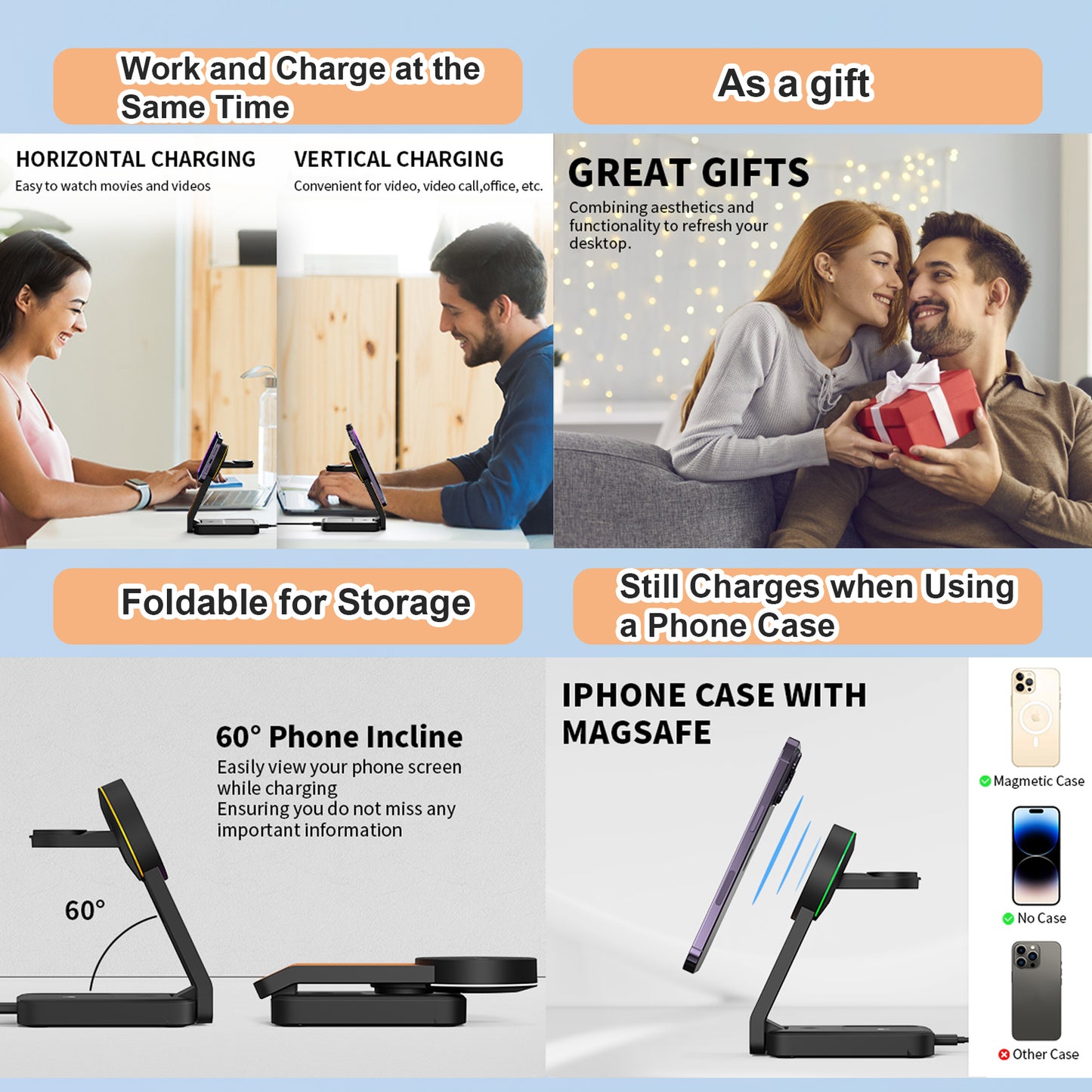 TONEOF Wireless Charger Magnetic 3 in 1 Fast Charging Station with Type-C, Compatible with iPhone 16/15/14/13/12/AirPods Series /Apple Watch（Black Orange）