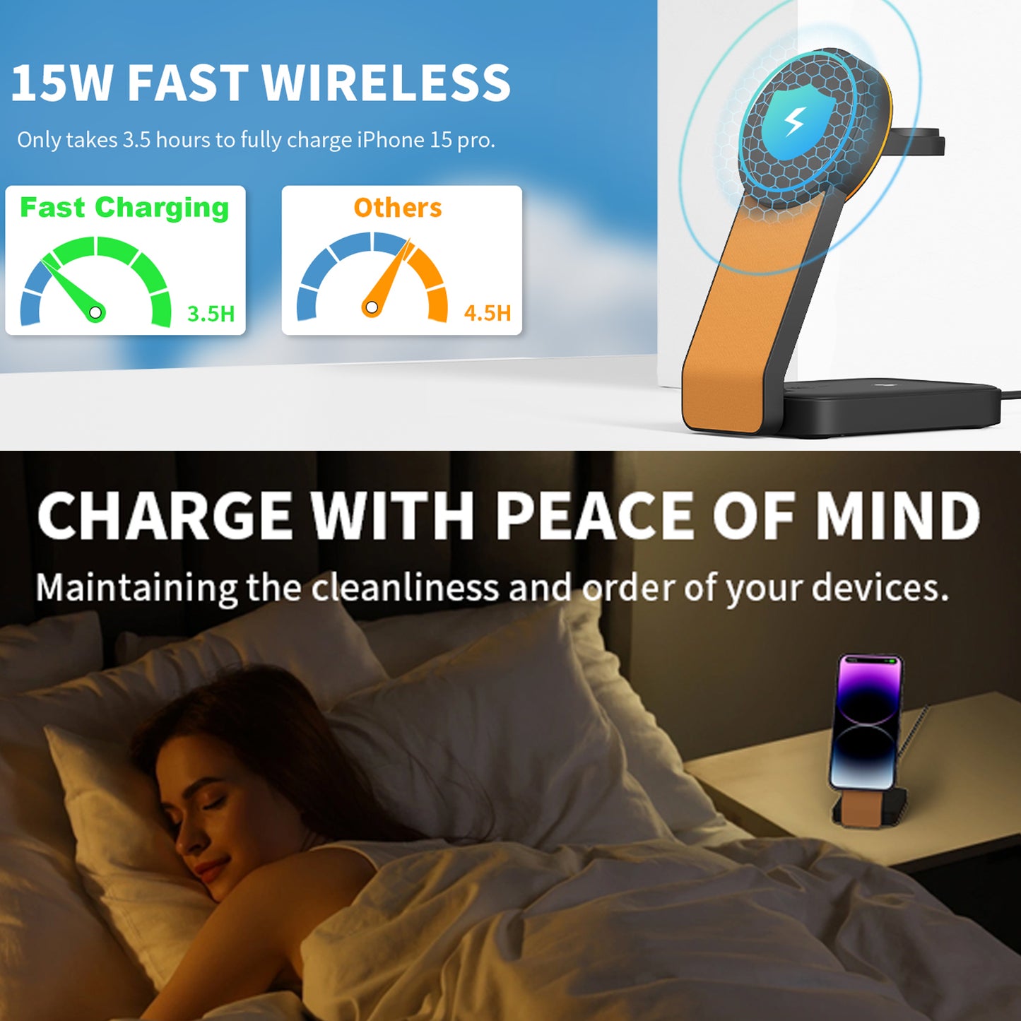 TONEOF Wireless Charger Magnetic 3 in 1 Fast Charging Station with Type-C, Compatible with iPhone 16/15/14/13/12/AirPods Series /Apple Watch（Black Orange）