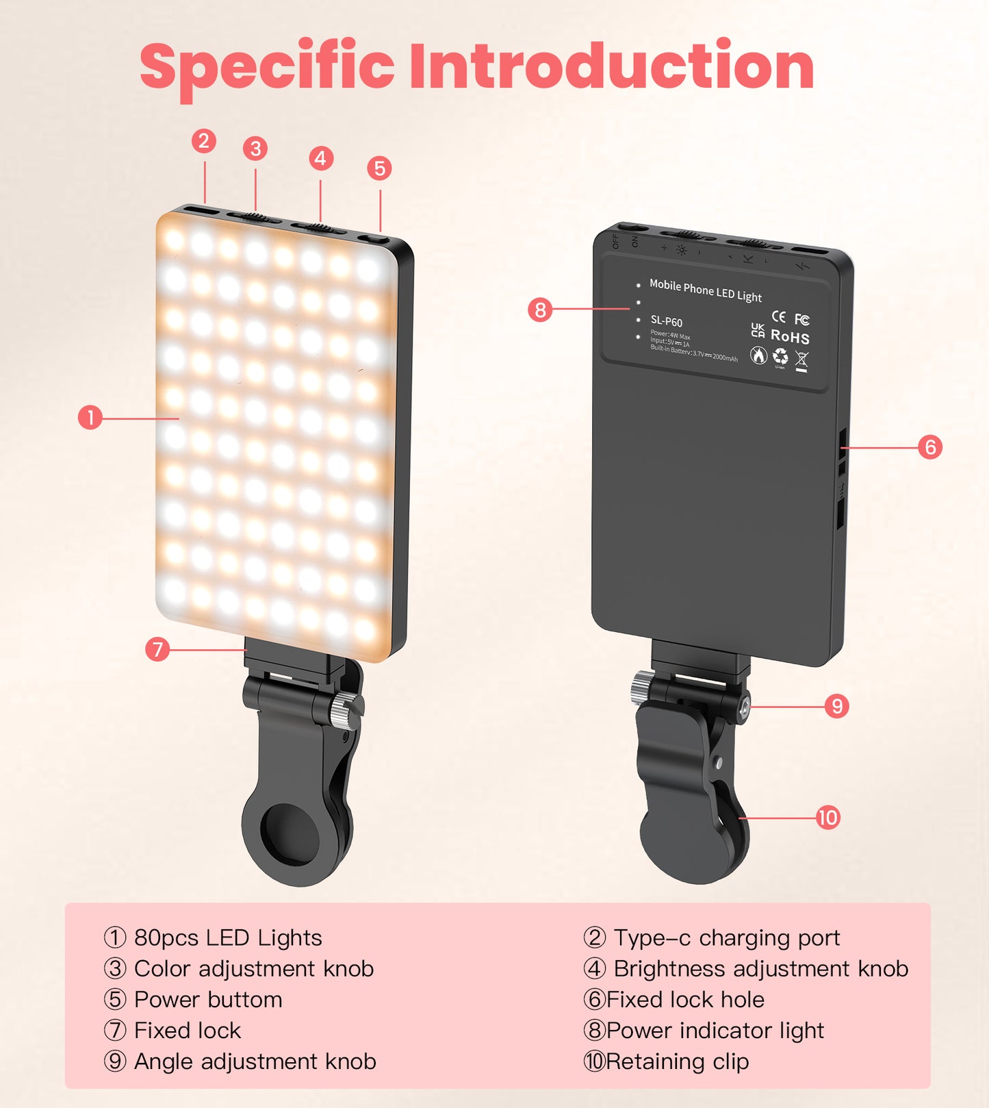 TONEOF Portable Selfie Light,Rechargable 60 LED Phone Light with Clip & Double 1/4" Screw Hole,2500k-9000K Dimmable Camera Light for iPhone,Android,Laptop,Tablet,Selfie/Video Conference