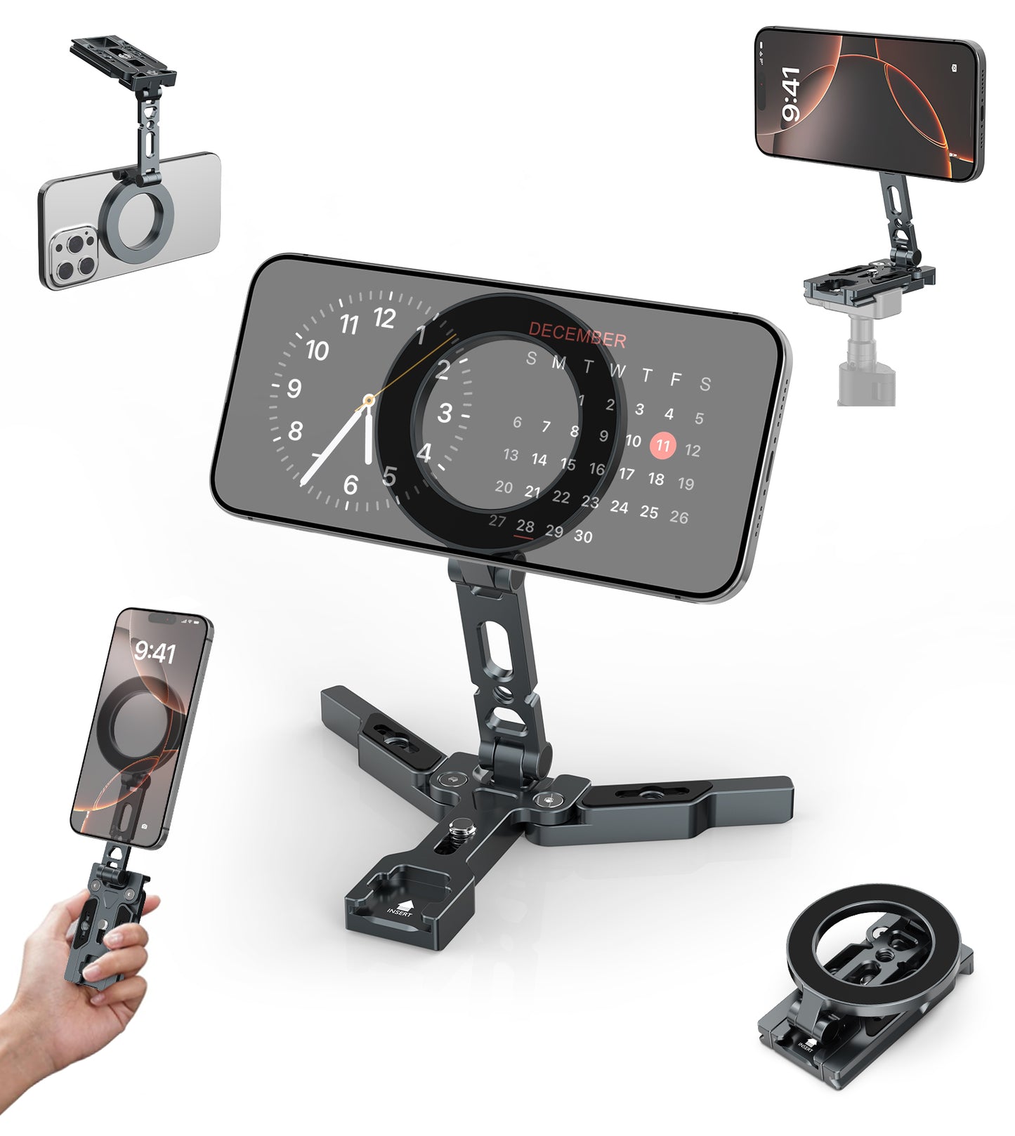 TONEOF Magnetic Phone Tripod Stand,Foldable CellPhone Holder for Magsafe with Arca-Swiss,1/4'' Screw Hole,Cold Shoe Mount,Pocket Mini Aluminum Selfie Stick Tripod Mount for iPhone/Android,Desk,Travel