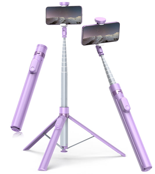 TONEOF 66" Phone Selfie Stick Tripod Automatic Open with Magnetic Remote for iPhone/Android,Travel Tripod 360° Rotatable(Purple)
