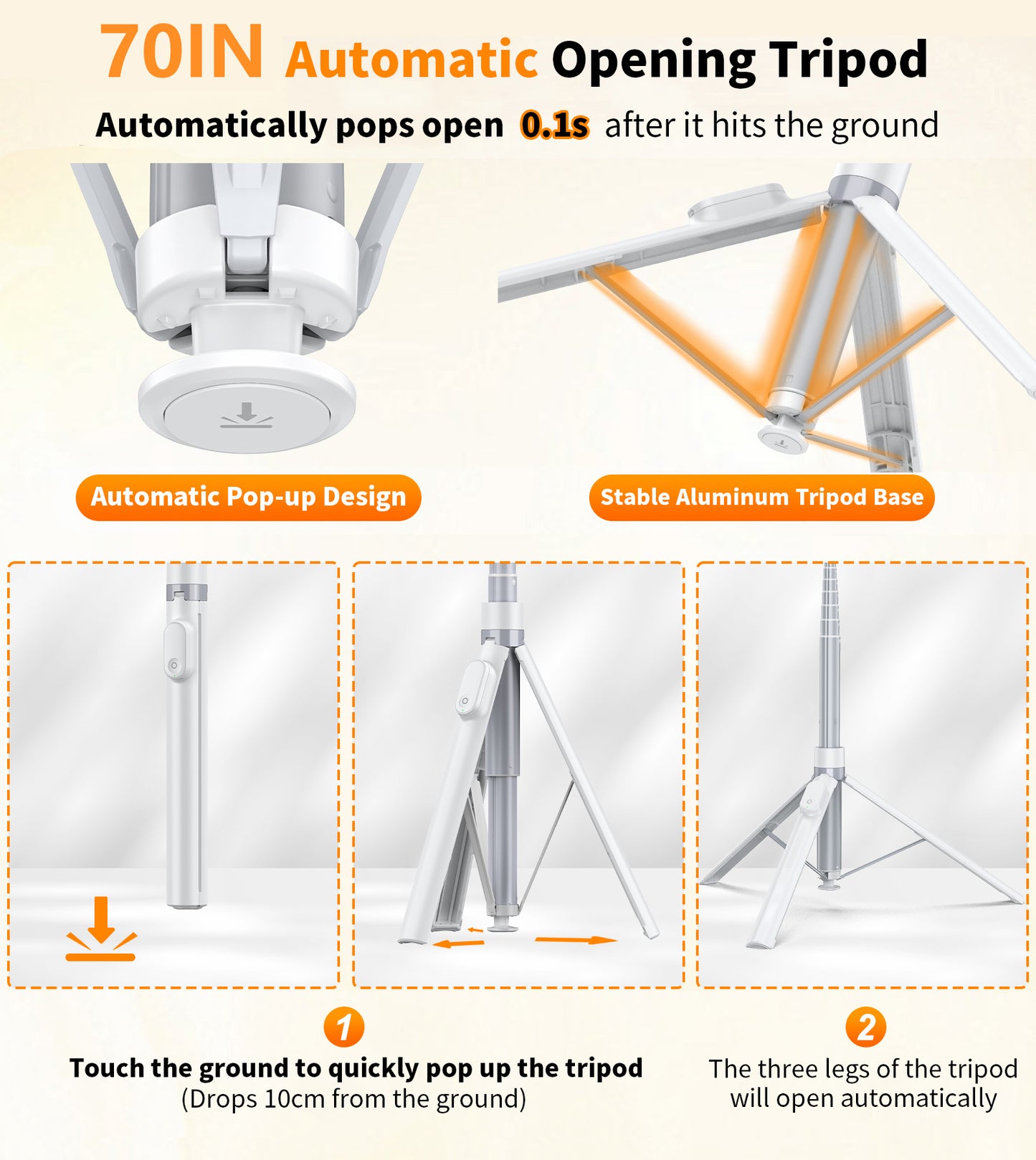 TONEOF 70" Automatic Tripod,Auto-Open Phone Tripod Stand with Magnetic Rechargable Remote,Selfie Stick Tripod 360° Vertical & Horizontal Rotatable,Stable Travel Tripod for iPhone/Android(White)