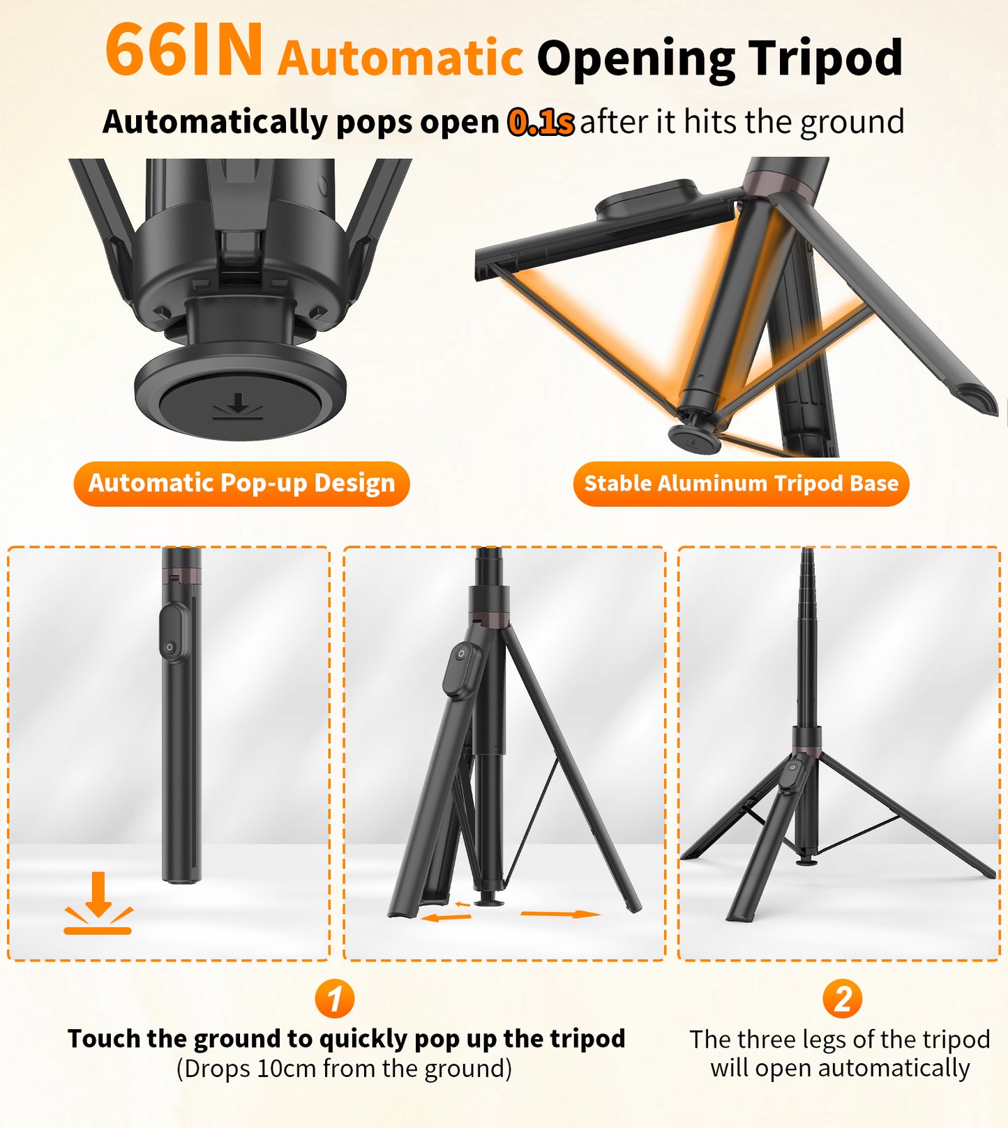 TONEOF 66" Phone Selfie Stick Tripod Stand Automatic Open with Magnetic Remote, Travel Tripod 360°Rotatable for iPhone/Android(Black)