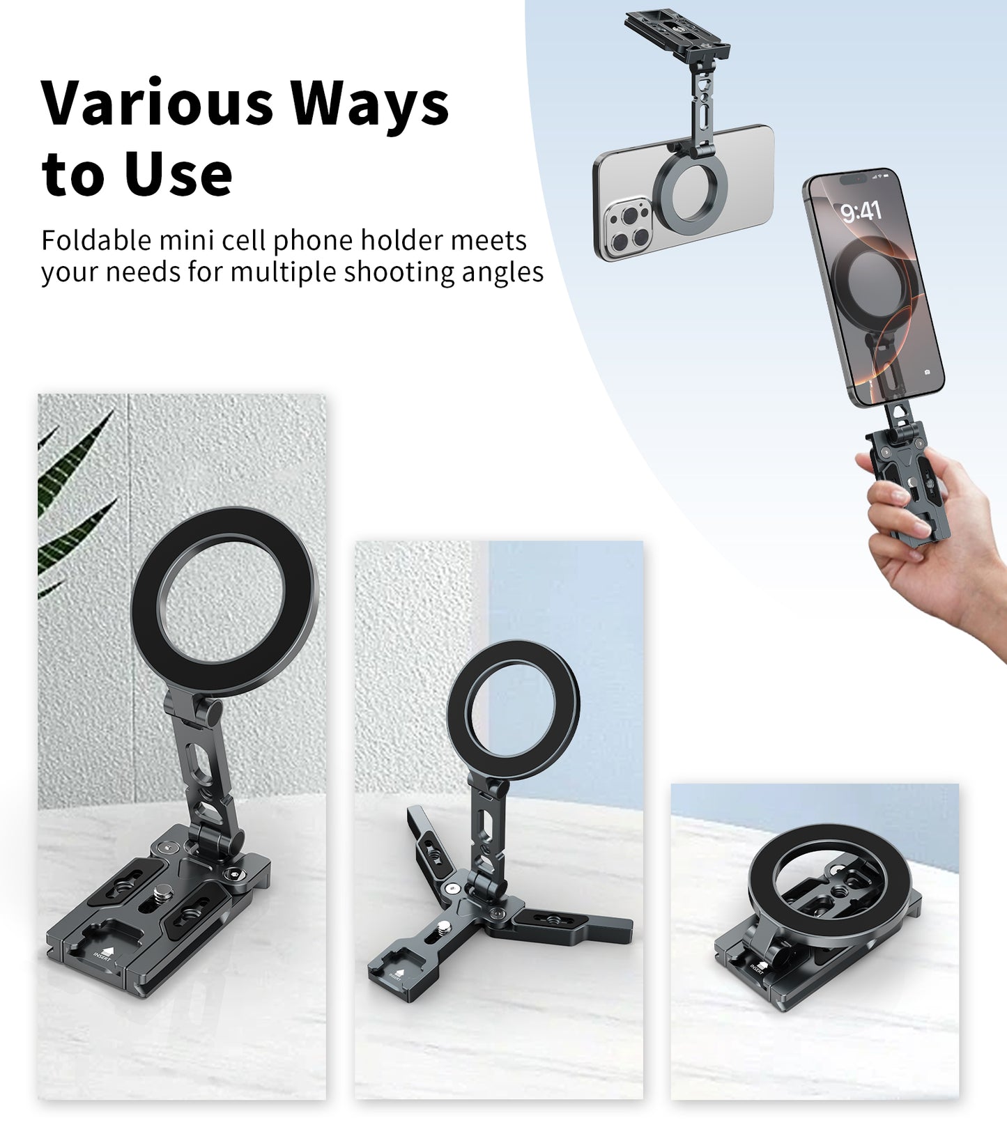 TONEOF Magnetic Phone Tripod Stand,Foldable CellPhone Holder for Magsafe with Arca-Swiss,1/4'' Screw Hole,Cold Shoe Mount,Pocket Mini Aluminum Selfie Stick Tripod Mount for iPhone/Android,Desk,Travel