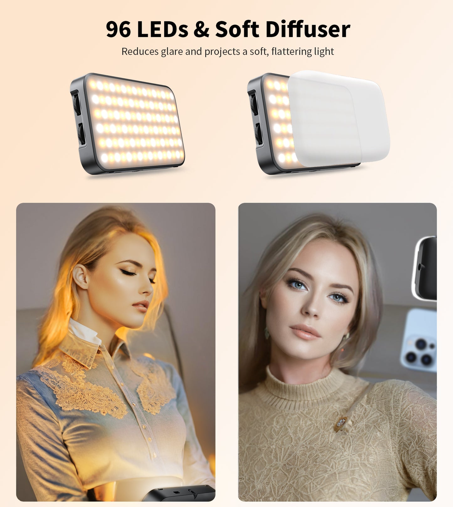 TONEOF 96 LED Cell Phone Light with Soft Diffuser and Stand, Rechargeable Magnetic Portable Selfie Light with Clip, 2500k-9900K Adjustable Lighting for Recording Videos, Photography