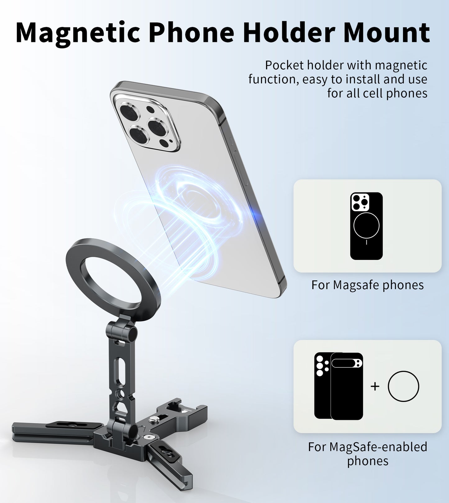 TONEOF Magnetic Phone Tripod Stand,Foldable CellPhone Holder for Magsafe with Arca-Swiss,1/4'' Screw Hole,Cold Shoe Mount,Pocket Mini Aluminum Selfie Stick Tripod Mount for iPhone/Android,Desk,Travel