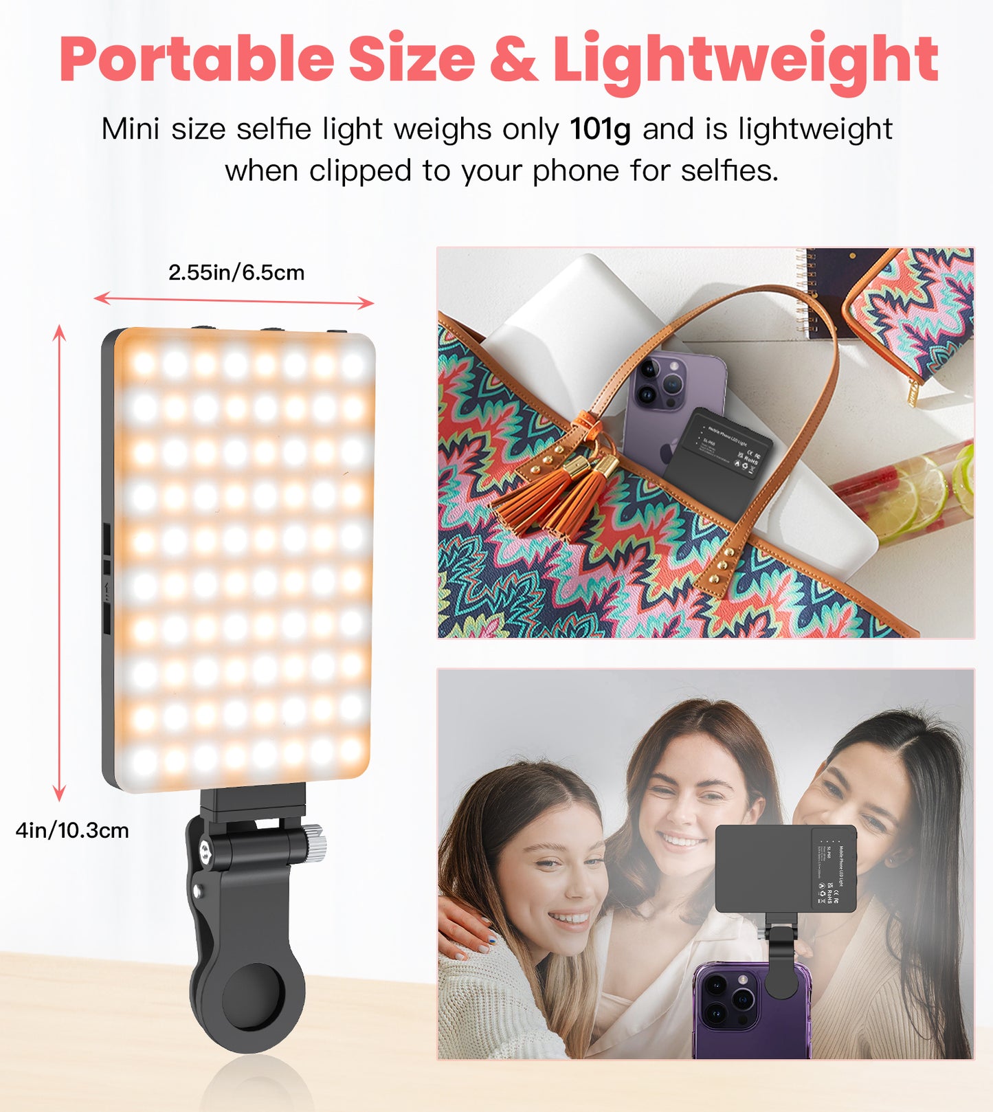 TONEOF Portable Selfie Light,Rechargable 60 LED Phone Light with Clip & Double 1/4" Screw Hole,2500k-9000K Dimmable Camera Light for iPhone,Android,Laptop,Tablet,Selfie/Video Conference