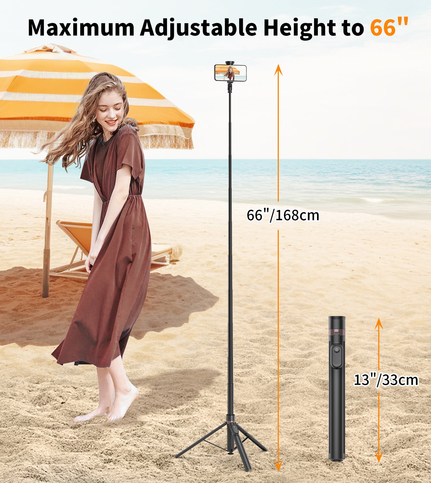 TONEOF 66" Phone Selfie Stick Tripod Stand Automatic Open with Magnetic Remote, Travel Tripod 360°Rotatable for iPhone/Android(Black)