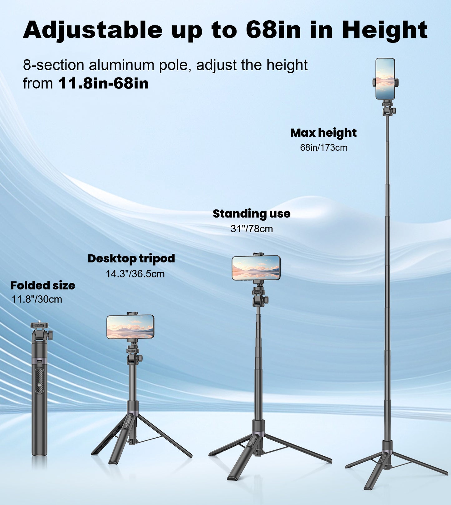 TONEOF 68" Selfie Stick Tripod with Remote for Cellphone 4"-7", Travel Tripod Stand for Action Camera