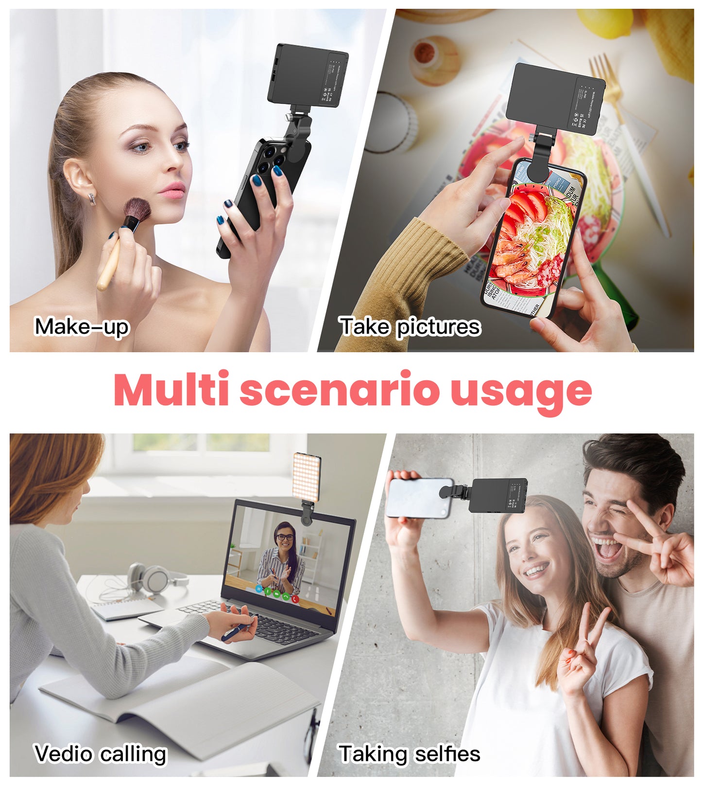 TONEOF Portable Selfie Light,Rechargable 60 LED Phone Light with Clip & Double 1/4" Screw Hole,2500k-9000K Dimmable Camera Light for iPhone,Android,Laptop,Tablet,Selfie/Video Conference